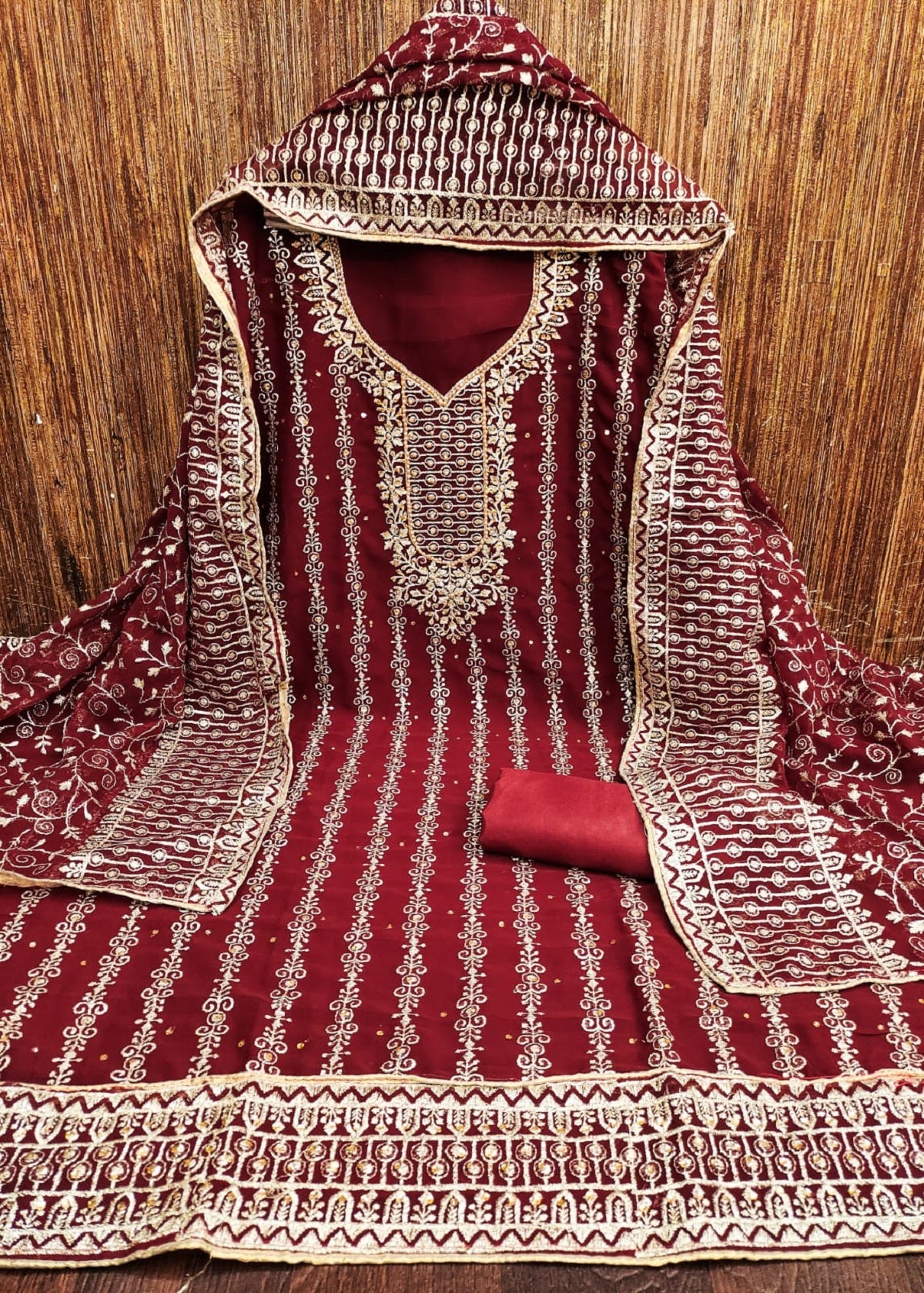 Red Dress Material Set With Dupatta