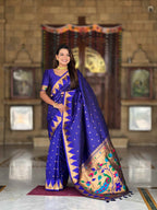 Royal Blue Paithani Silk Saree with Meenakari Rich Pallu & Temple Weaving Border
