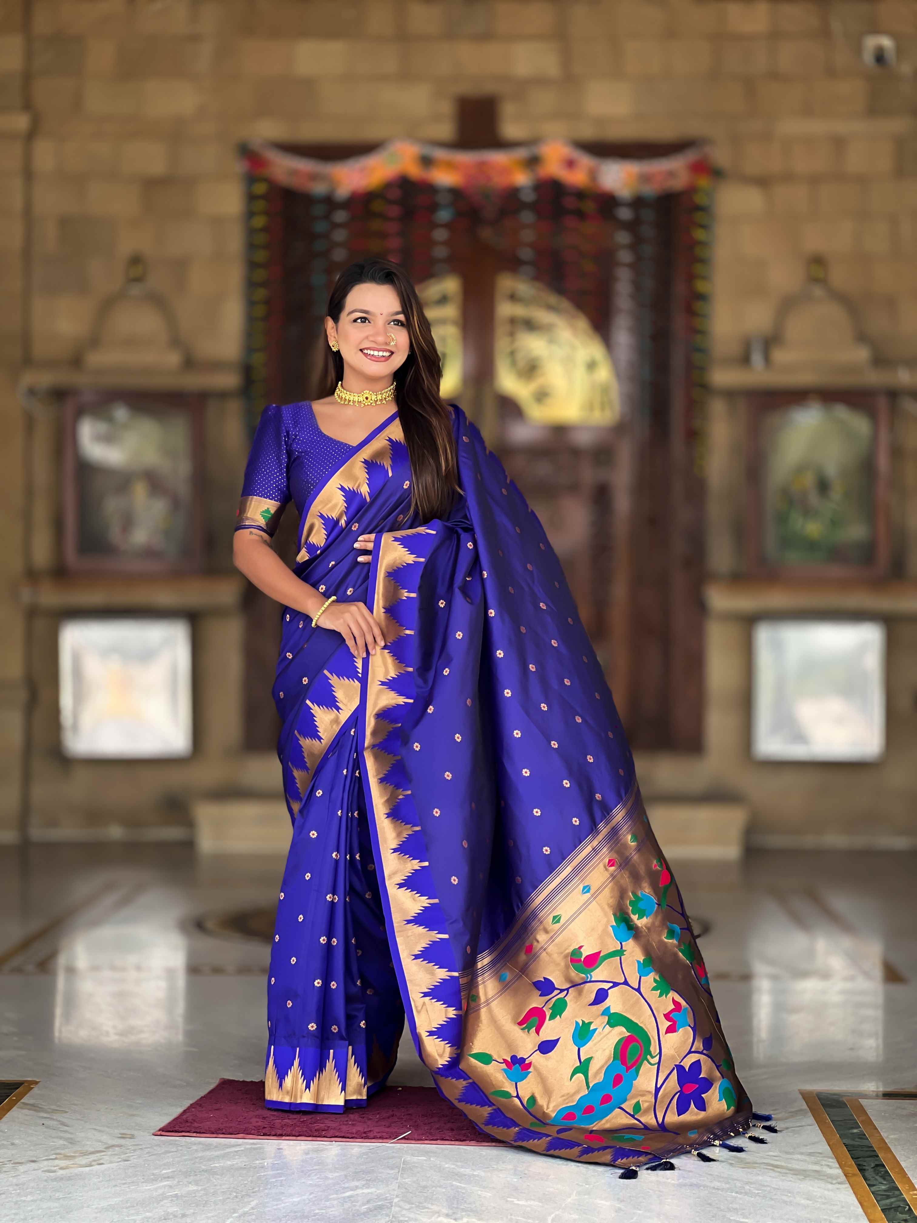 Royal Blue Paithani Silk Saree with Meenakari Rich Pallu & Temple Weaving Border