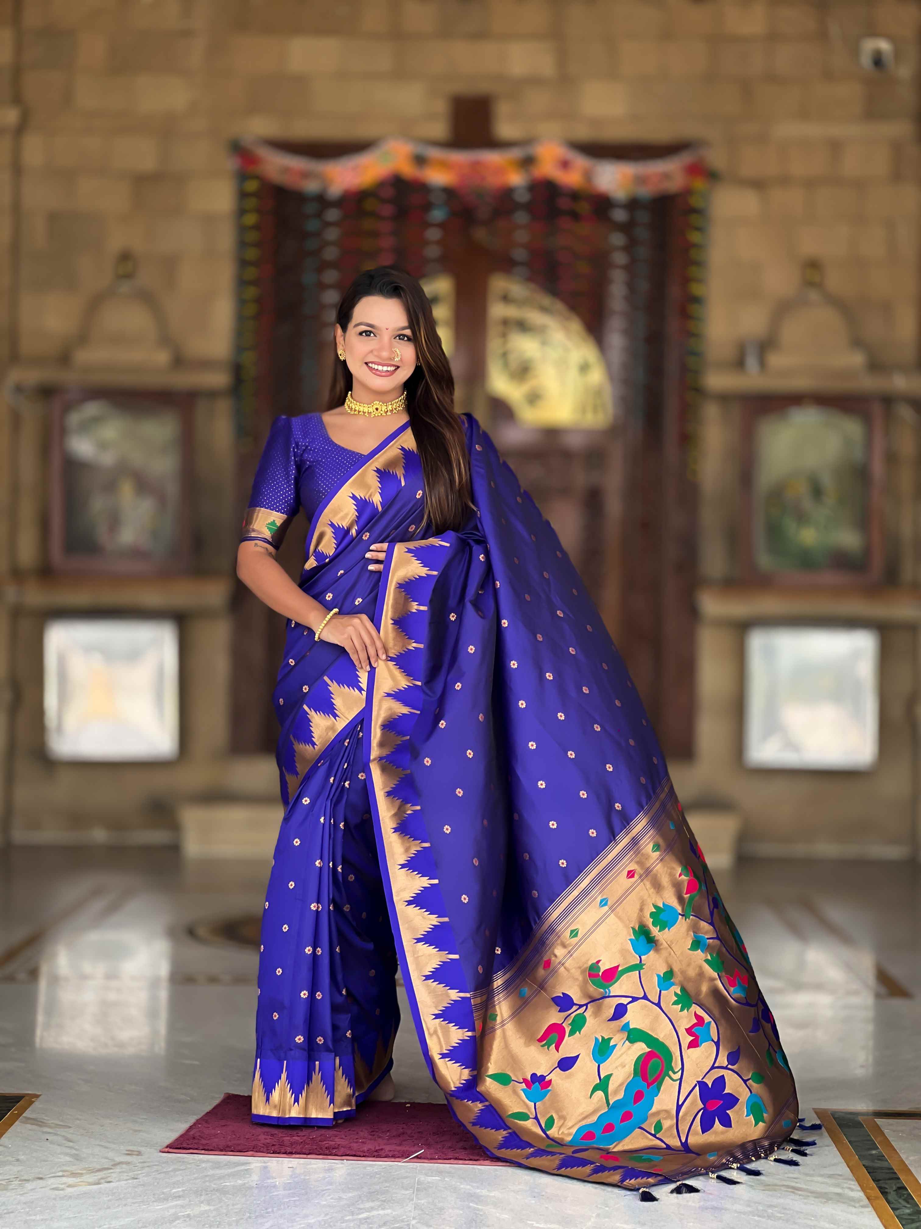 Royal Blue Paithani Silk Saree with Meenakari Rich Pallu & Temple Weaving Border