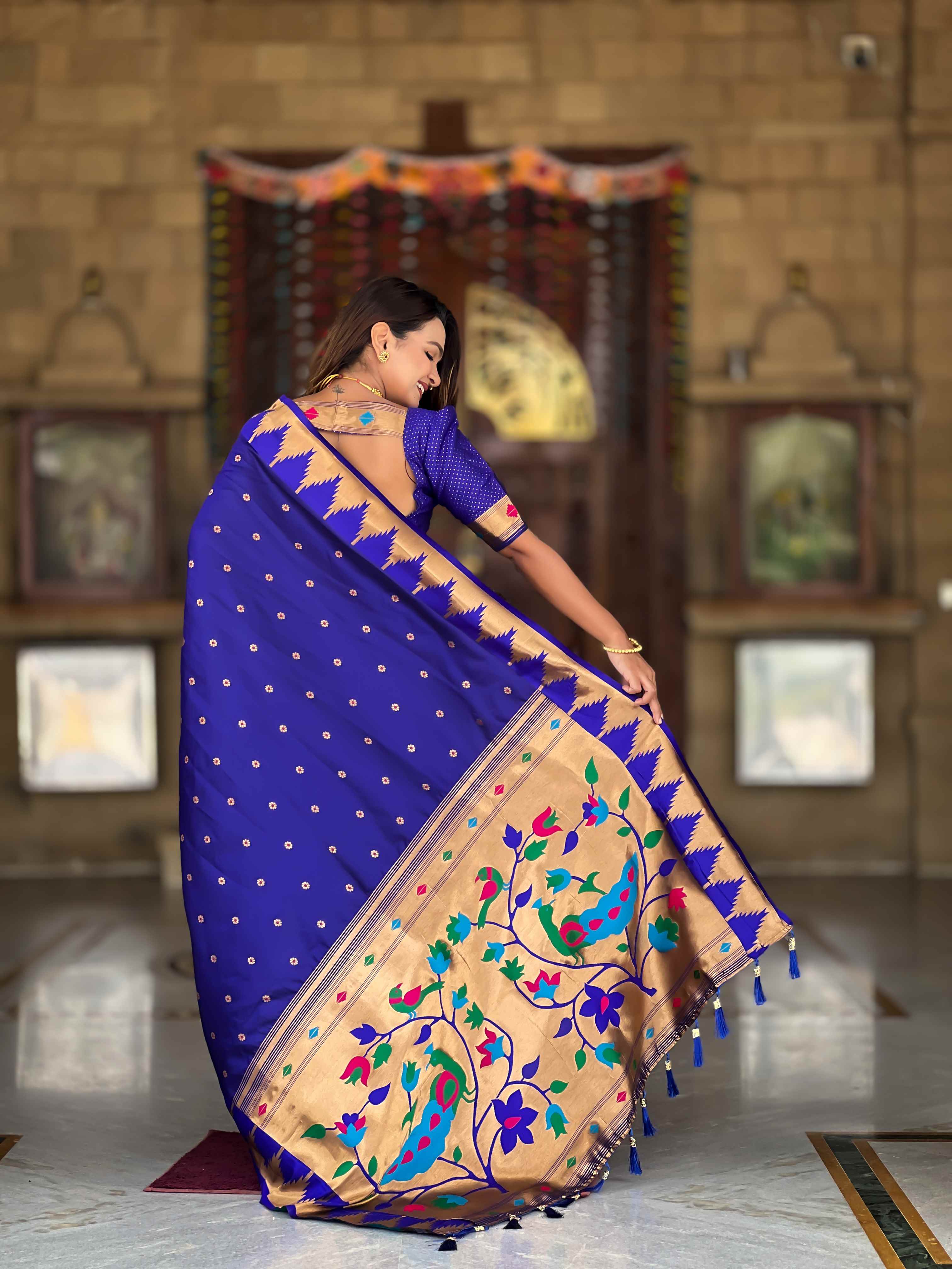Royal Blue Paithani Silk Saree with Meenakari Rich Pallu & Temple Weaving Border
