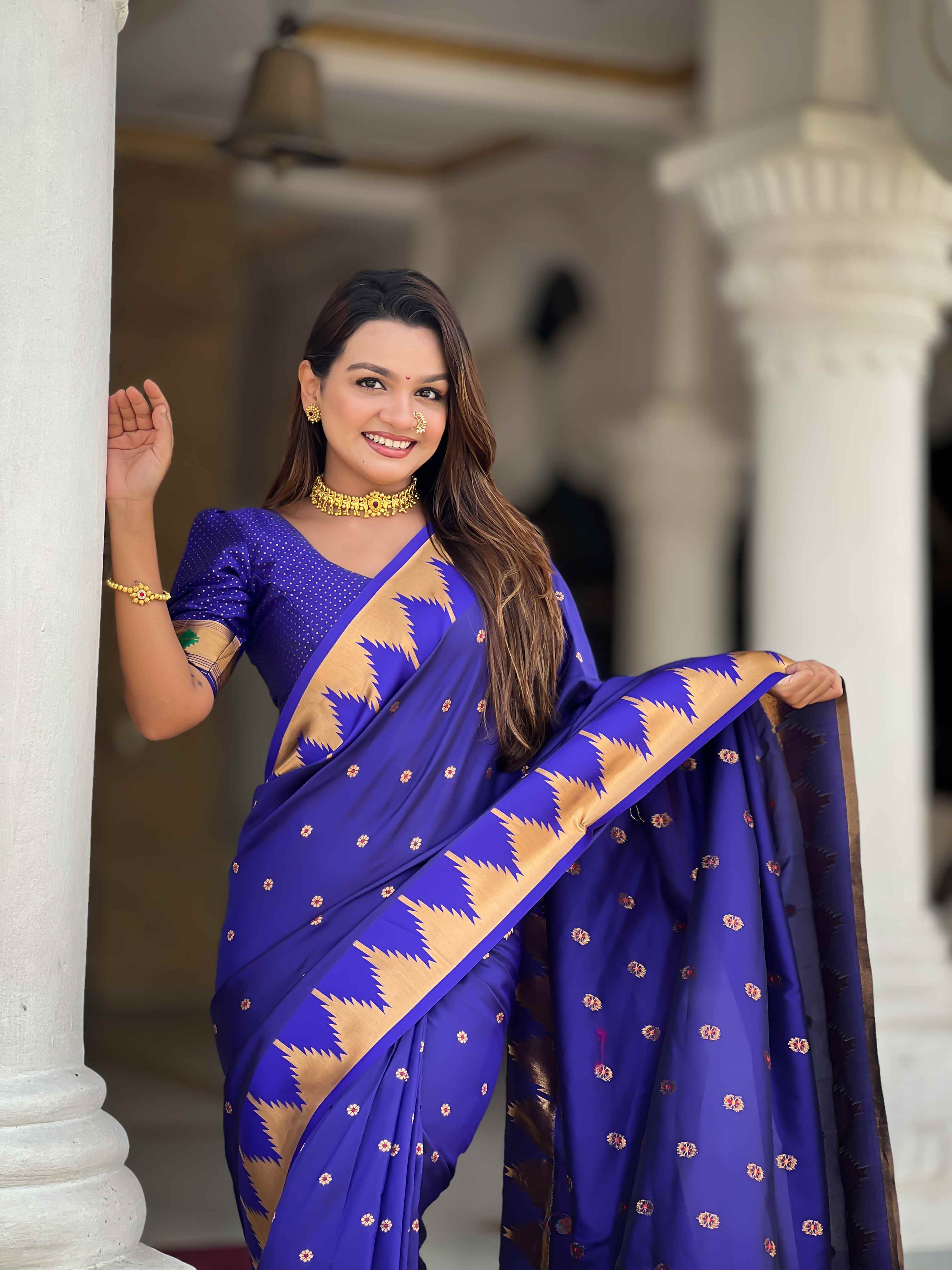 Royal Blue Paithani Silk Saree with Meenakari Rich Pallu & Temple Weaving Border