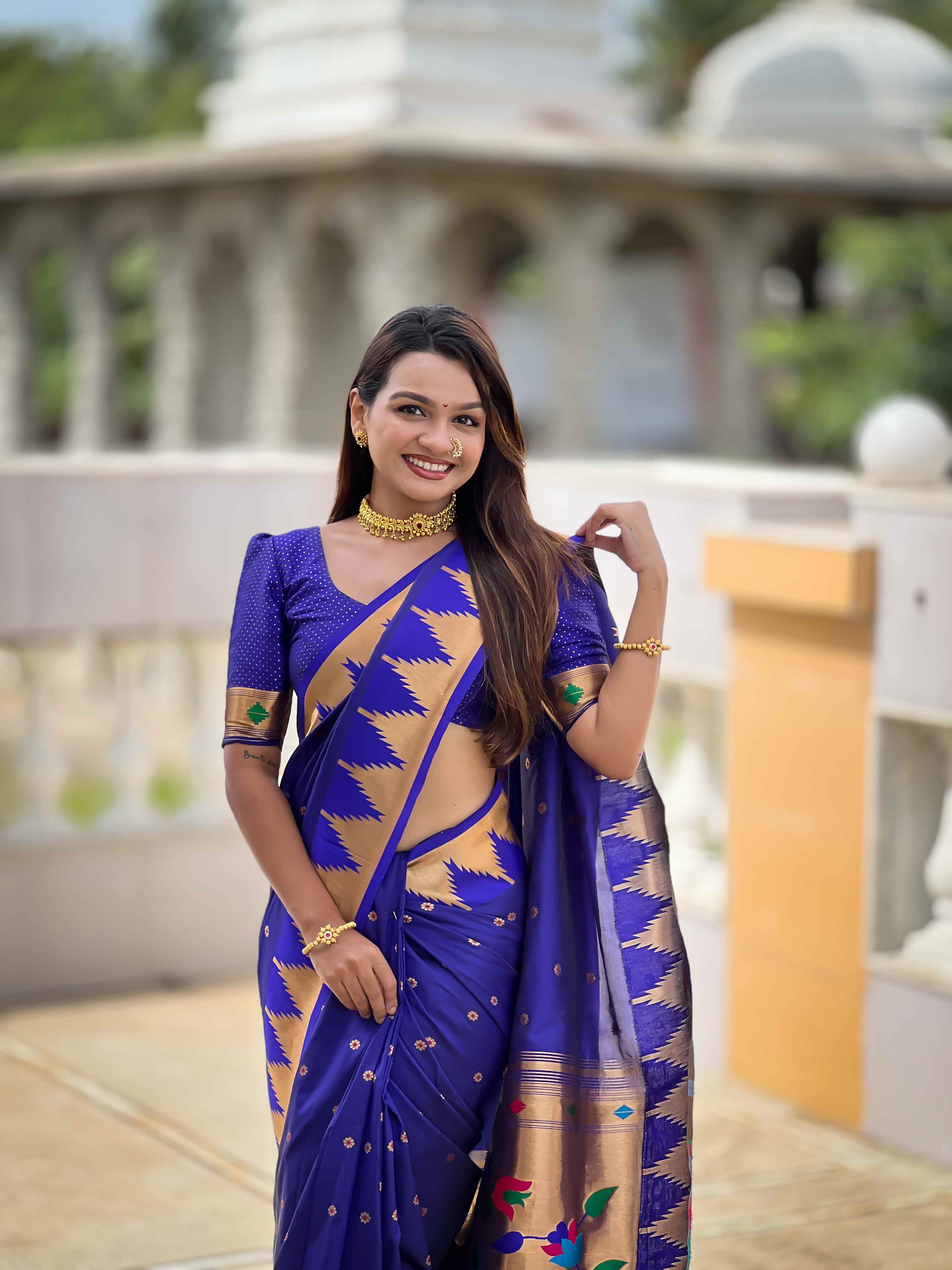 Royal Blue Paithani Silk Saree with Meenakari Rich Pallu & Temple Weaving Border