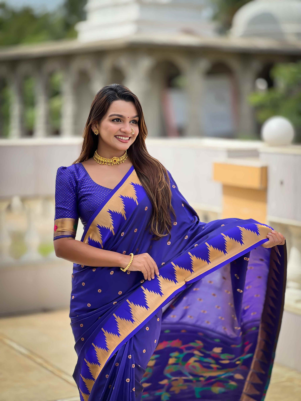 Royal Blue Paithani Silk Saree with Meenakari Rich Pallu & Temple Weaving Border