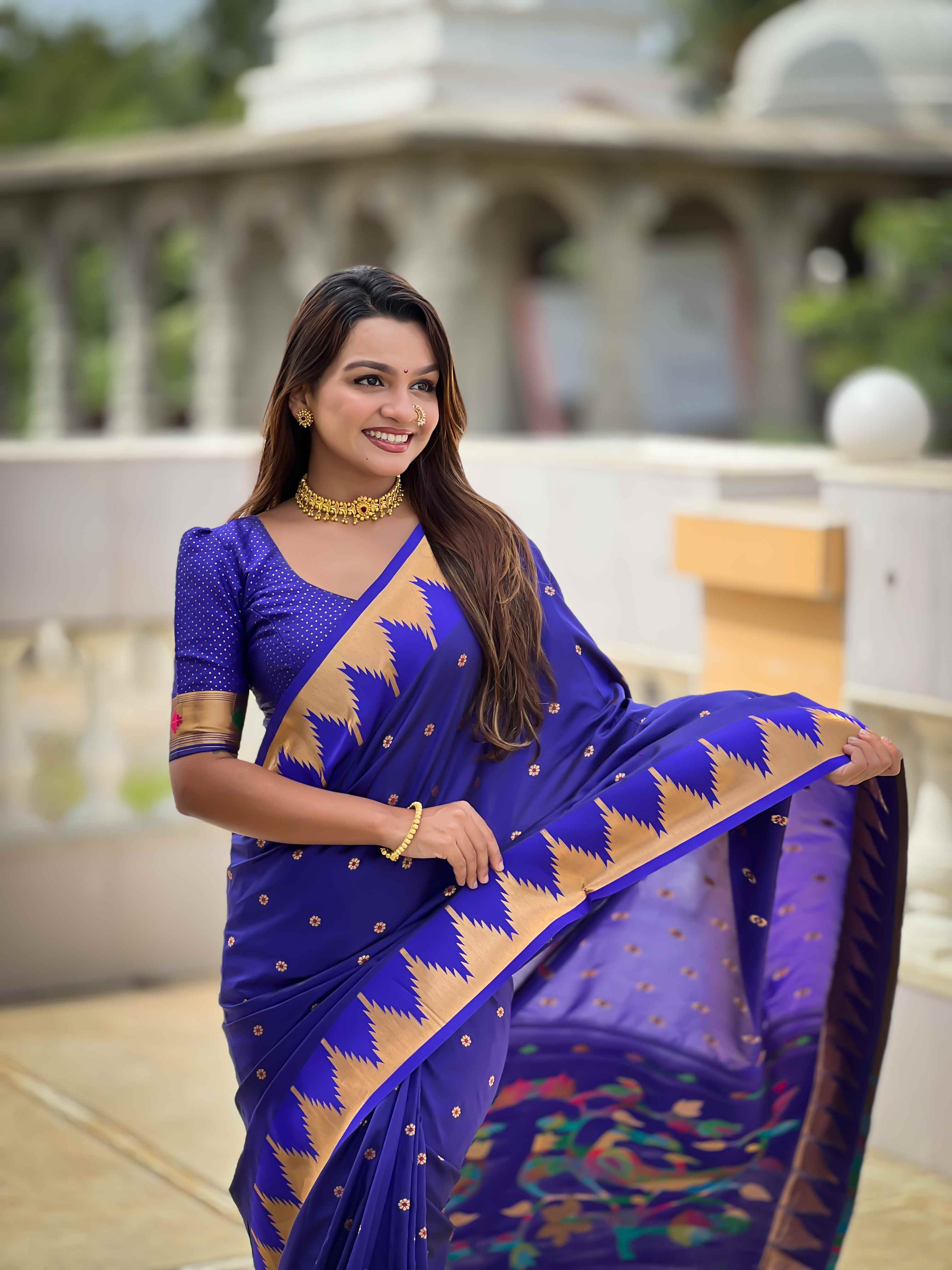 Royal Blue Paithani Silk Saree with Meenakari Rich Pallu & Temple Weaving Border