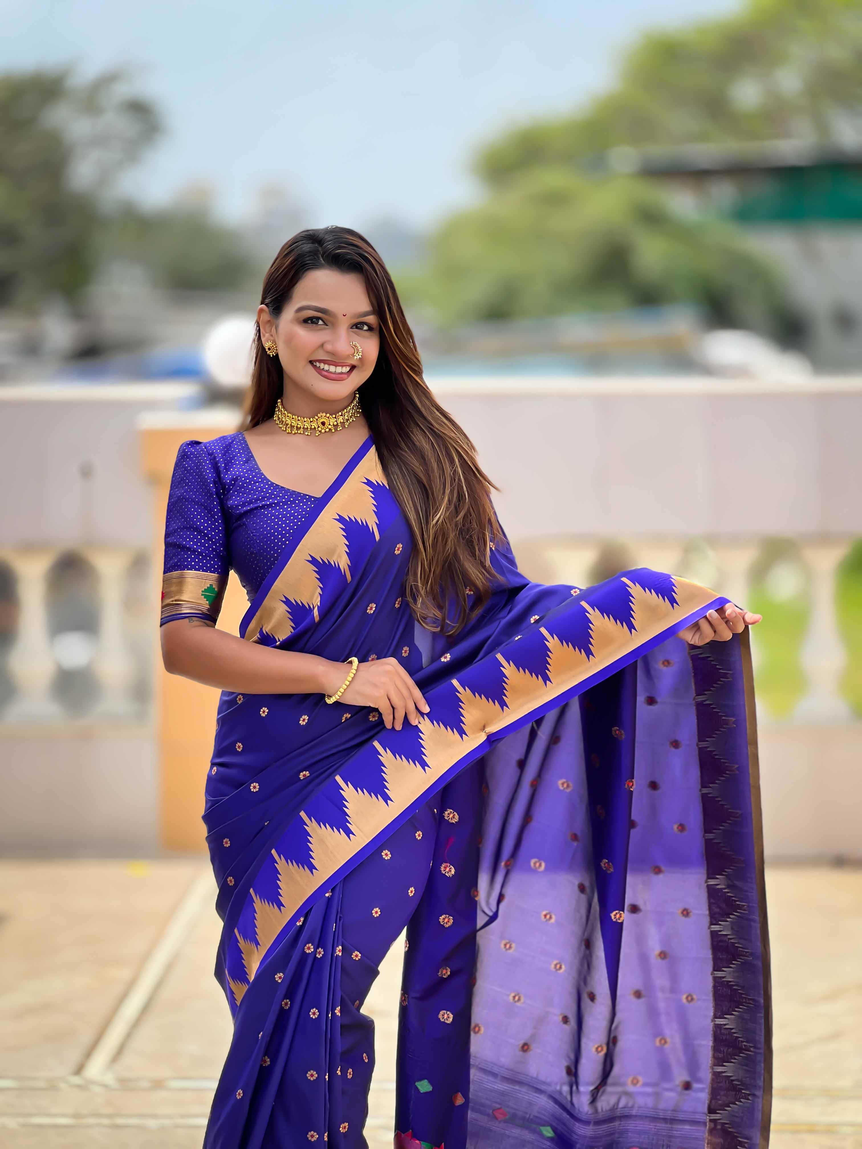 Royal Blue Paithani Silk Saree with Meenakari Rich Pallu & Temple Weaving Border