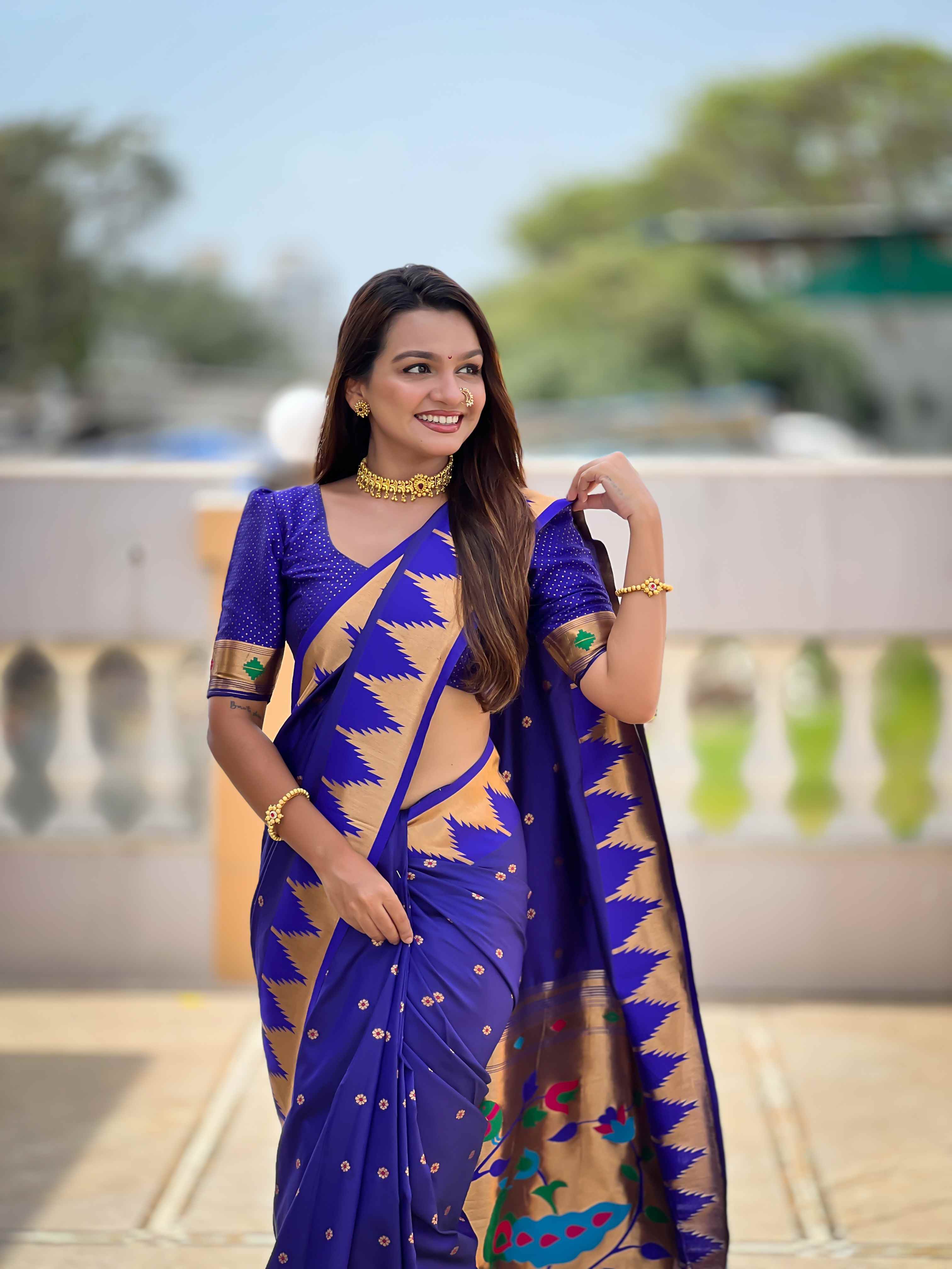 Royal Blue Paithani Silk Saree with Meenakari Rich Pallu & Temple Weaving Border