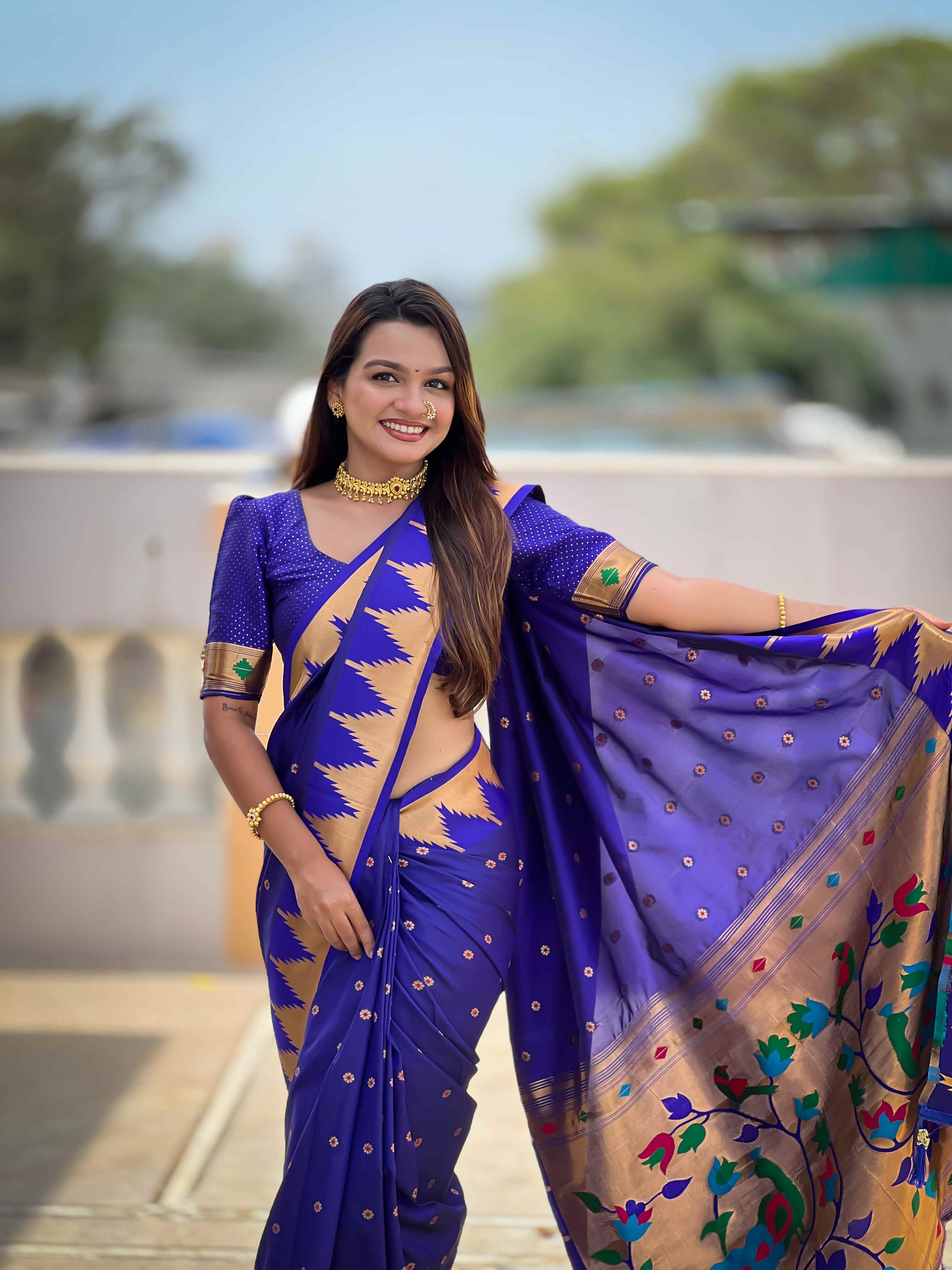 Royal Blue Paithani Silk Saree with Meenakari Rich Pallu & Temple Weaving Border