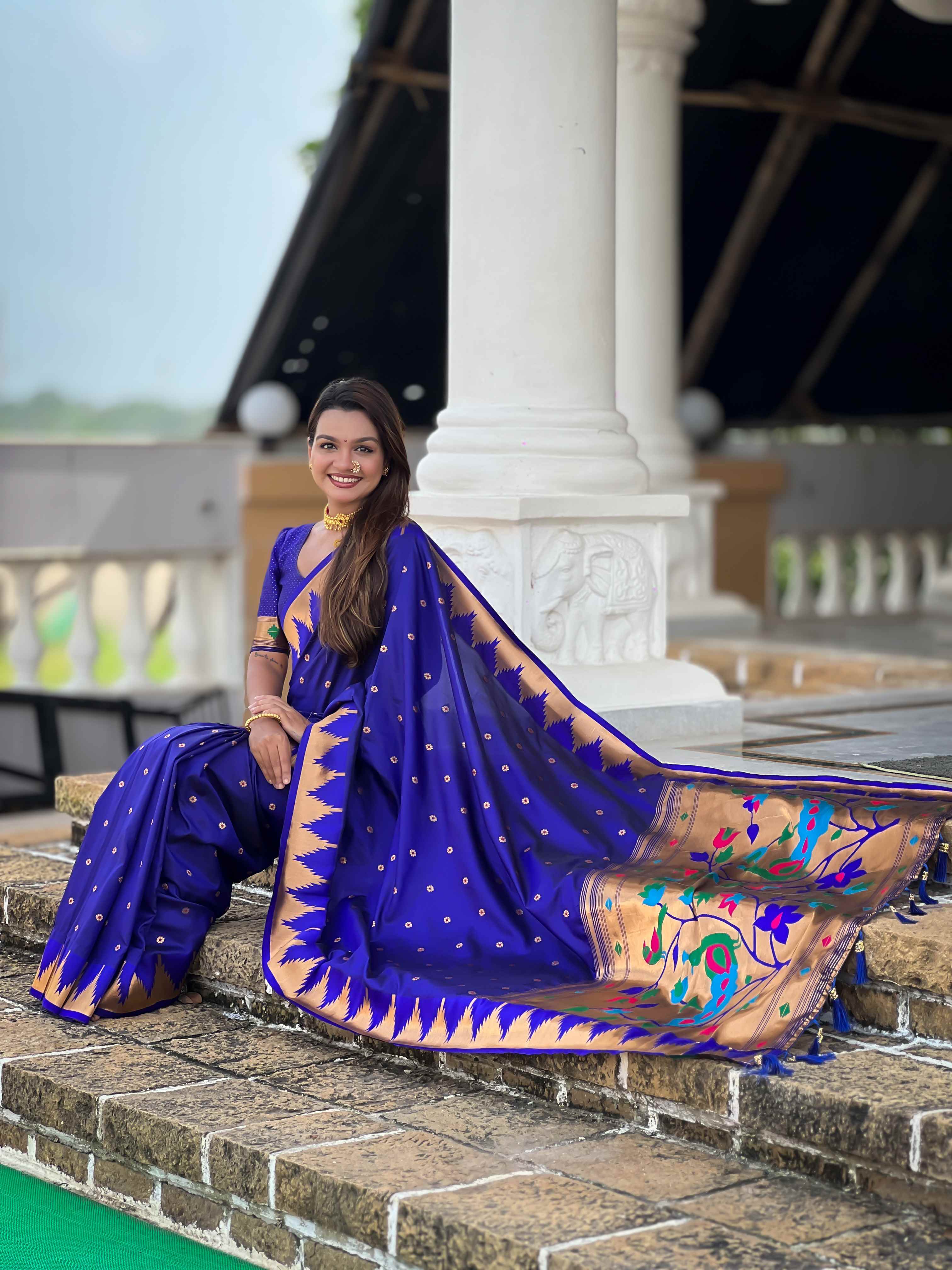 Royal Blue Paithani Silk Saree with Meenakari Rich Pallu & Temple Weaving Border