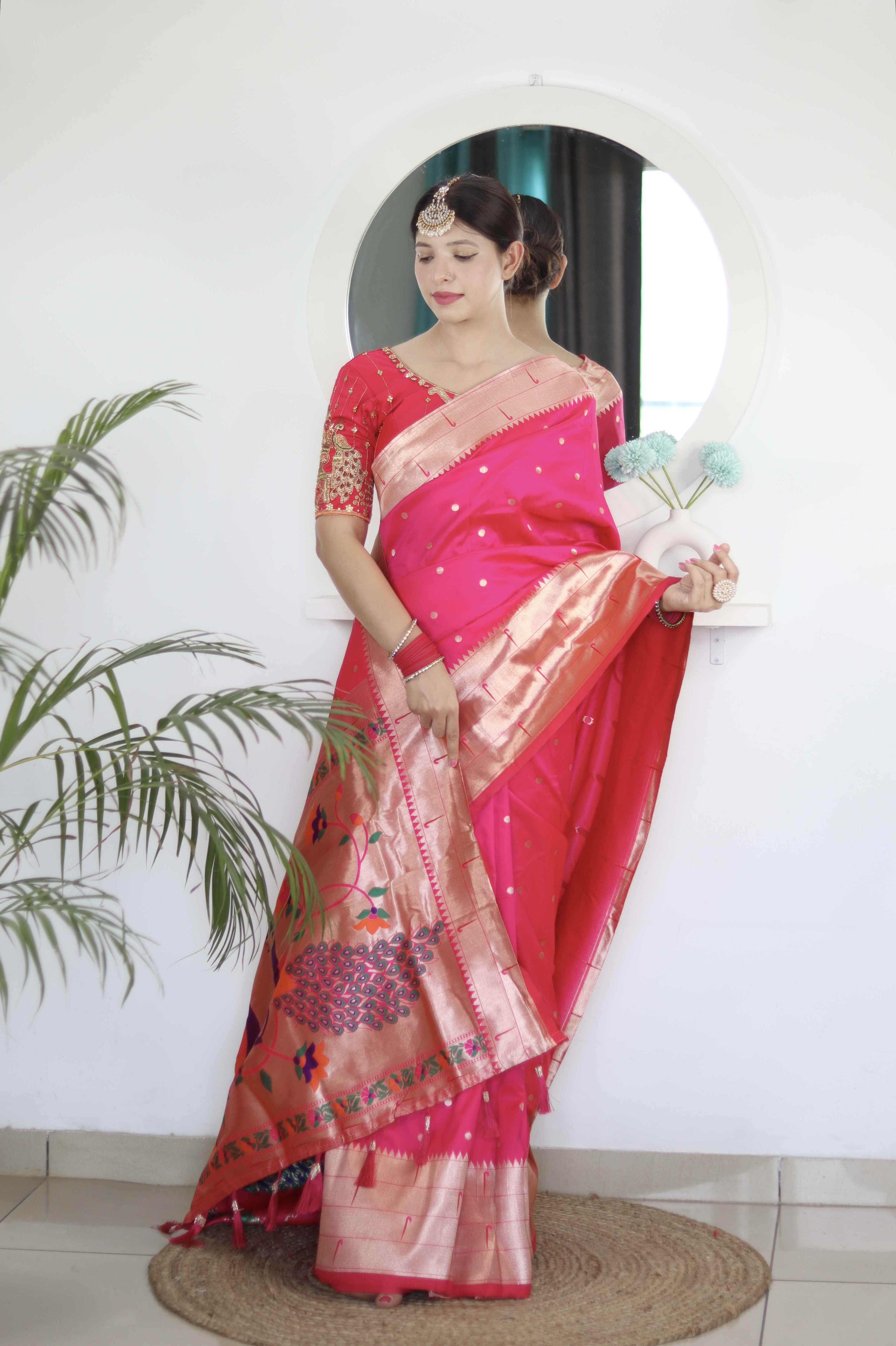 Rani Pink Soft Paithani Silk Saree with Zari Motifs, Meenakari Rich Pallu & Contrast Blouse