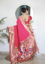 Rani Pink Soft Paithani Silk Saree with Zari Motifs, Meenakari Rich Pallu & Contrast Blouse