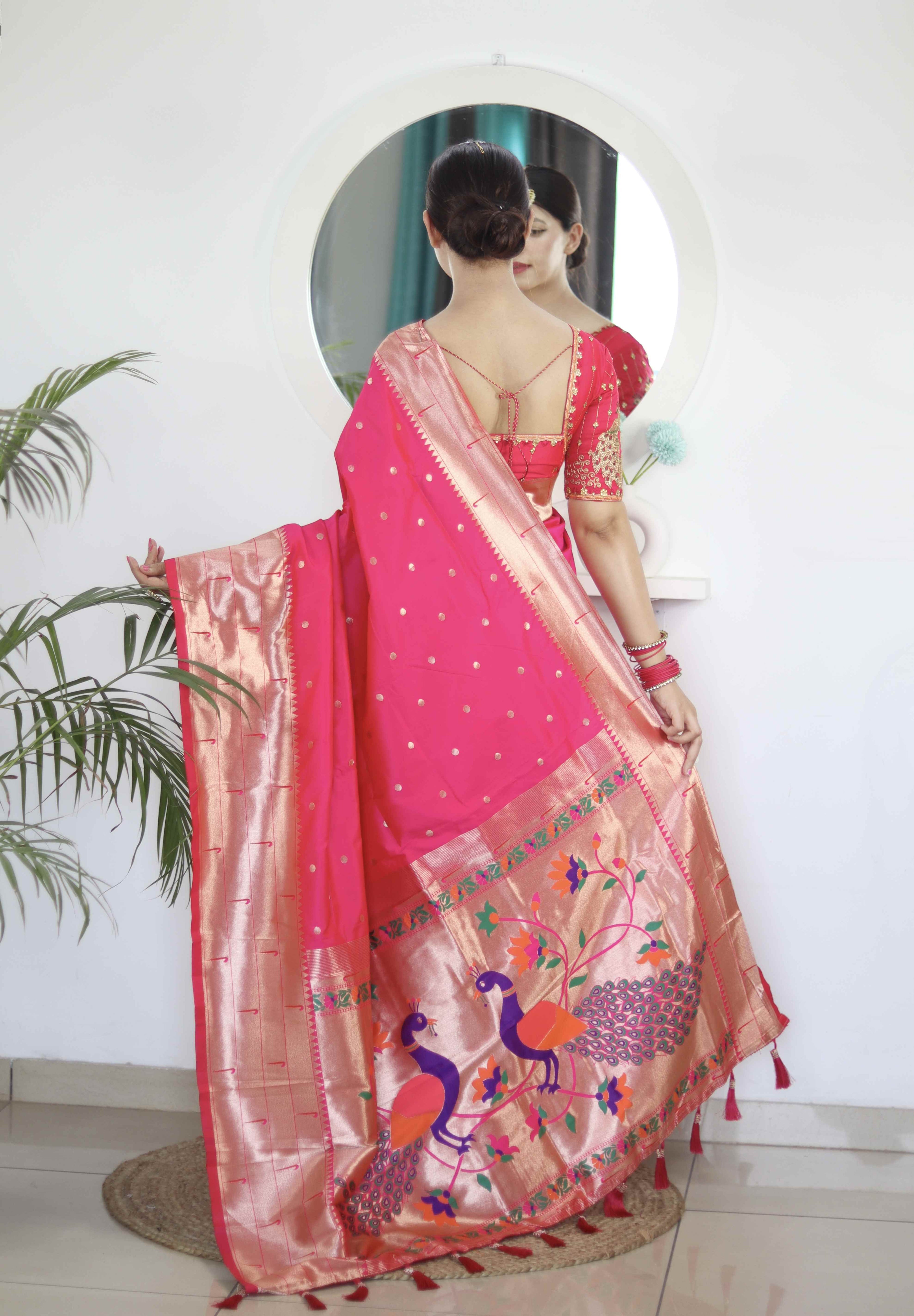 Rani Pink Soft Paithani Silk Saree with Zari Motifs, Meenakari Rich Pallu & Contrast Blouse