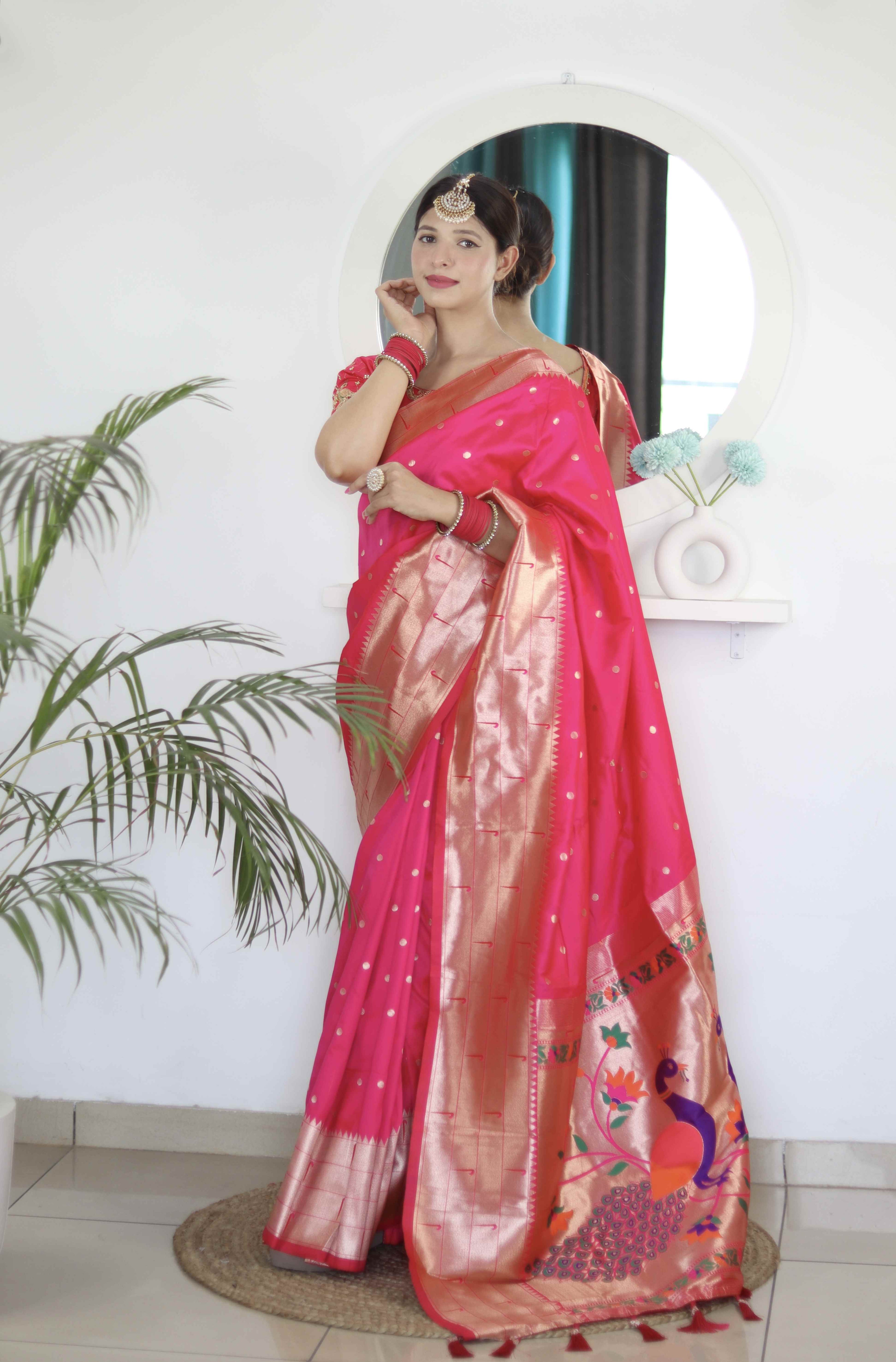 Rani Pink Soft Paithani Silk Saree with Zari Motifs, Meenakari Rich Pallu & Contrast Blouse