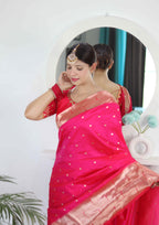 Rani Pink Soft Paithani Silk Saree with Zari Motifs, Meenakari Rich Pallu & Contrast Blouse
