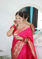 Rani Pink Soft Paithani Silk Saree with Zari Motifs, Meenakari Rich Pallu & Contrast Blouse