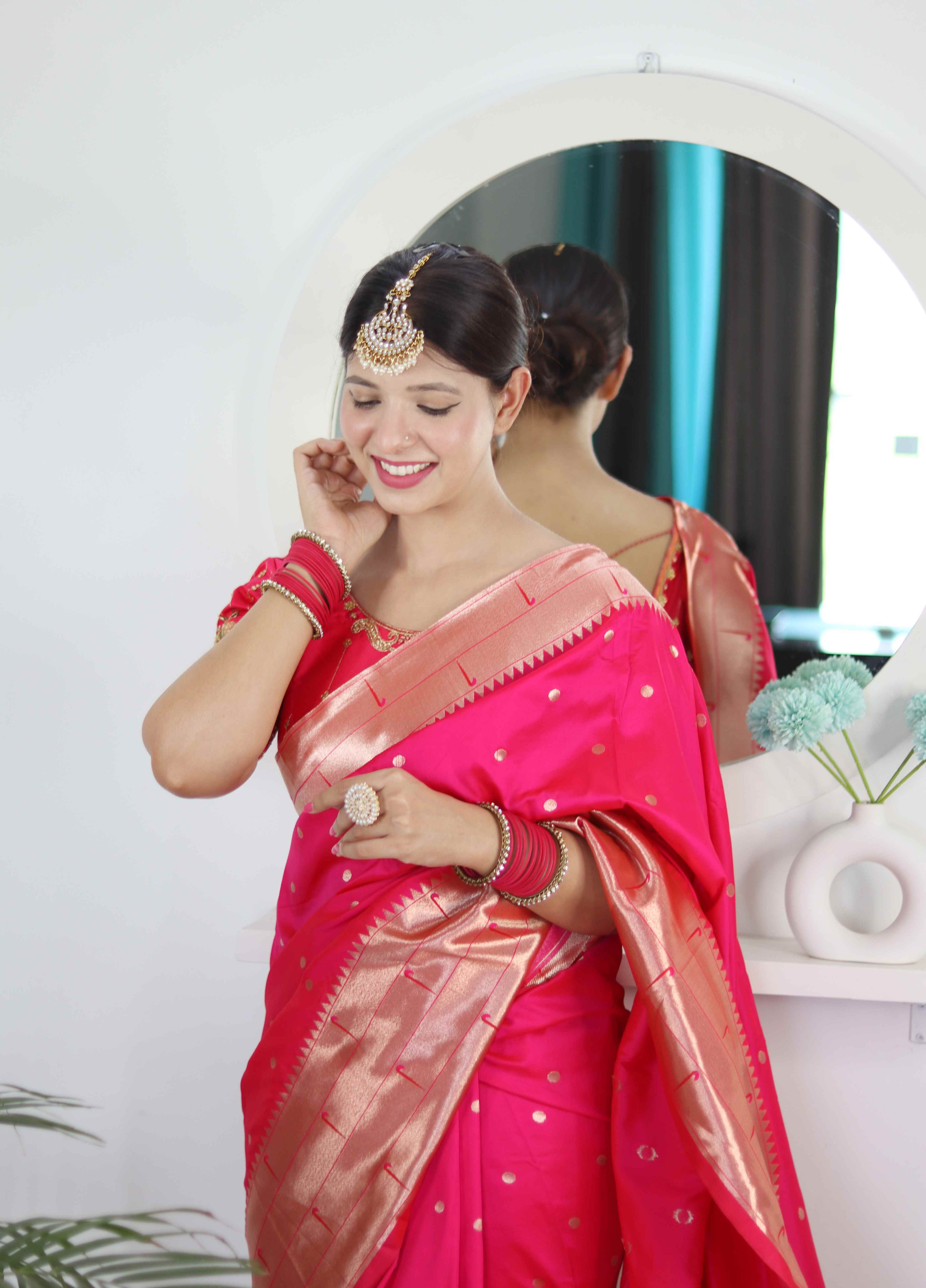 Rani Pink Soft Paithani Silk Saree with Zari Motifs, Meenakari Rich Pallu & Contrast Blouse