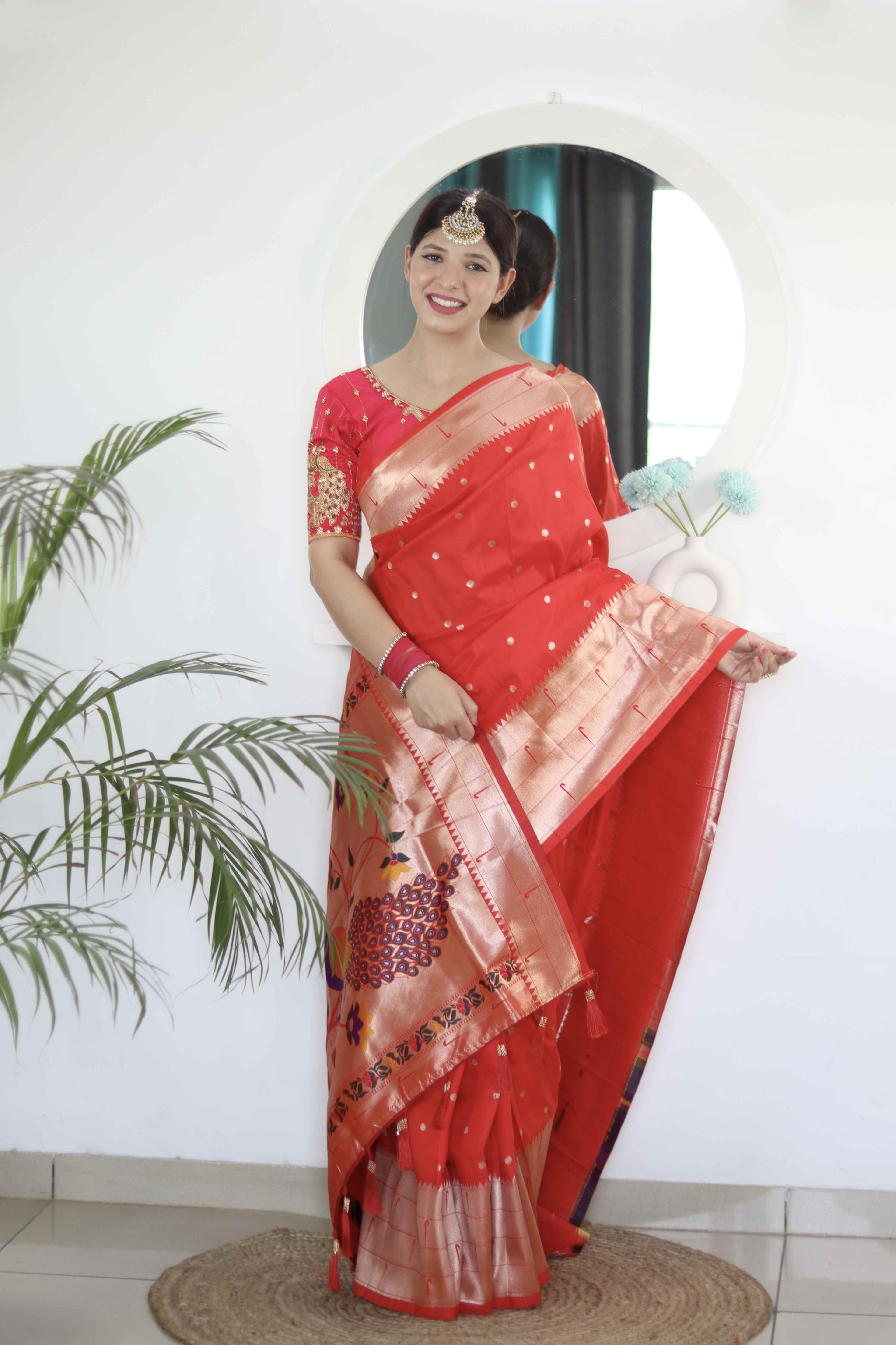 Red Soft Paithani Silk Saree with Zari Motifs, Meenakari Rich Pallu & Contrast Blouse