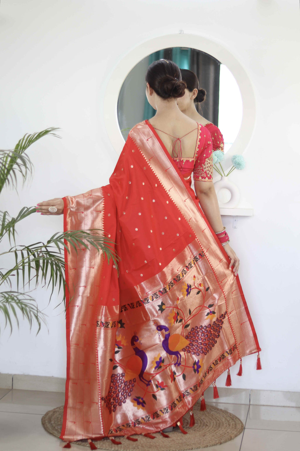 Red Soft Paithani Silk Saree with Zari Motifs, Meenakari Rich Pallu & Contrast Blouse