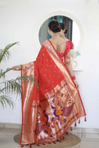 Red Soft Paithani Silk Saree with Zari Motifs, Meenakari Rich Pallu & Contrast Blouse
