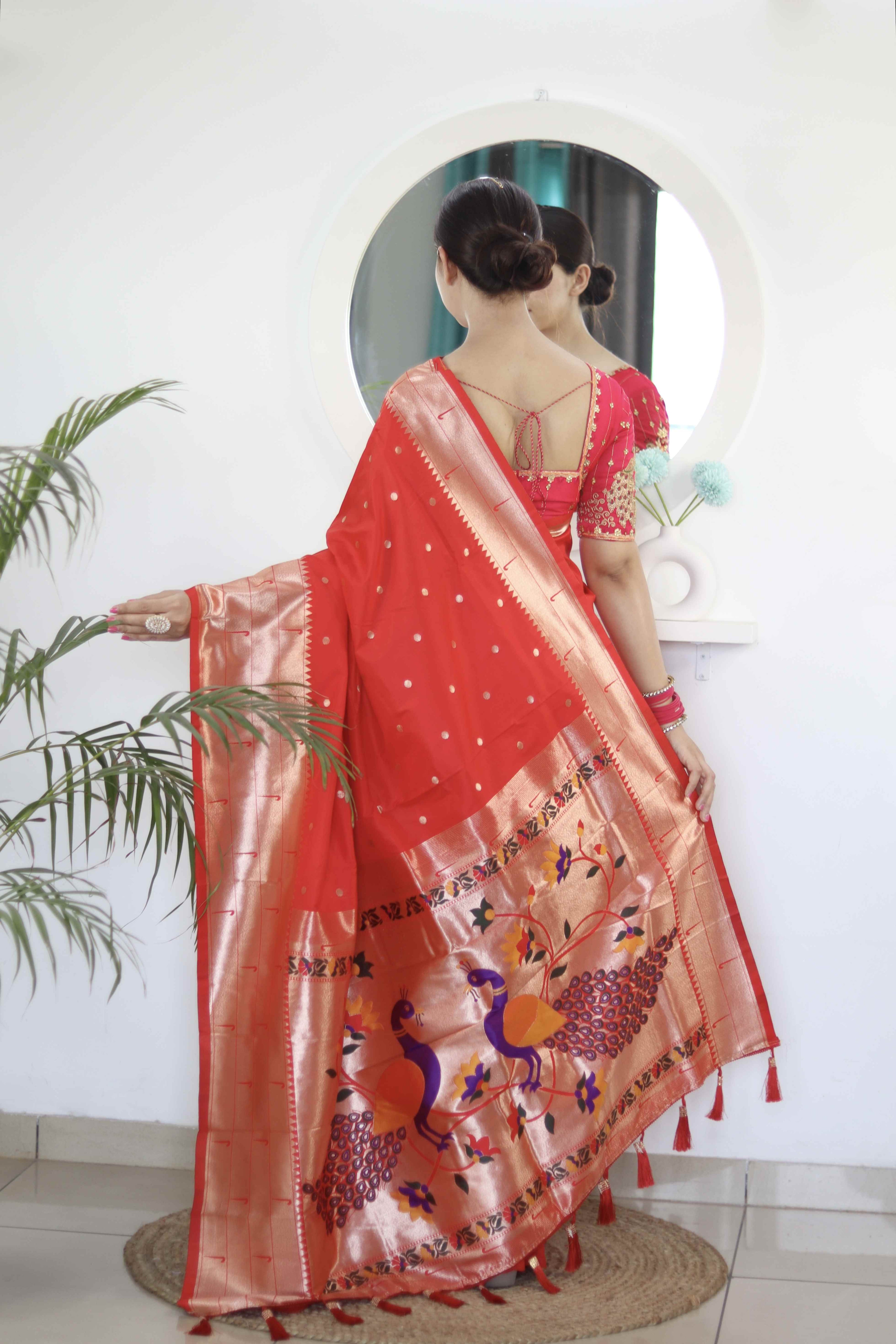 Red Soft Paithani Silk Saree with Zari Motifs, Meenakari Rich Pallu & Contrast Blouse