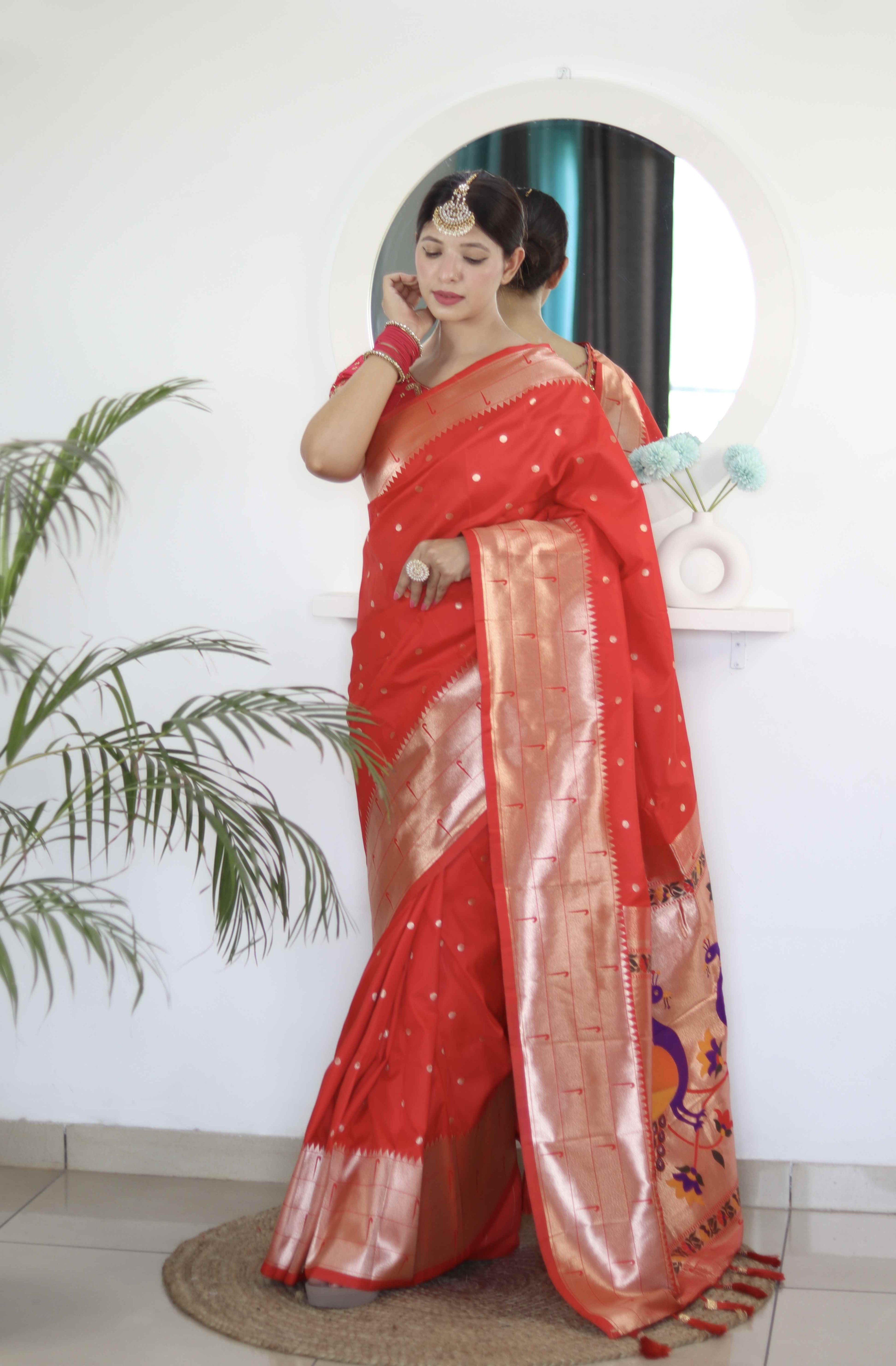 Red Soft Paithani Silk Saree with Zari Motifs, Meenakari Rich Pallu & Contrast Blouse