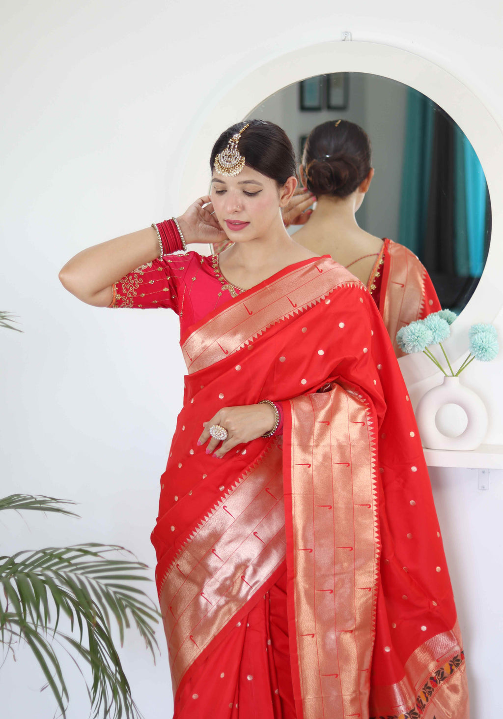 Red Soft Paithani Silk Saree with Zari Motifs, Meenakari Rich Pallu & Contrast Blouse