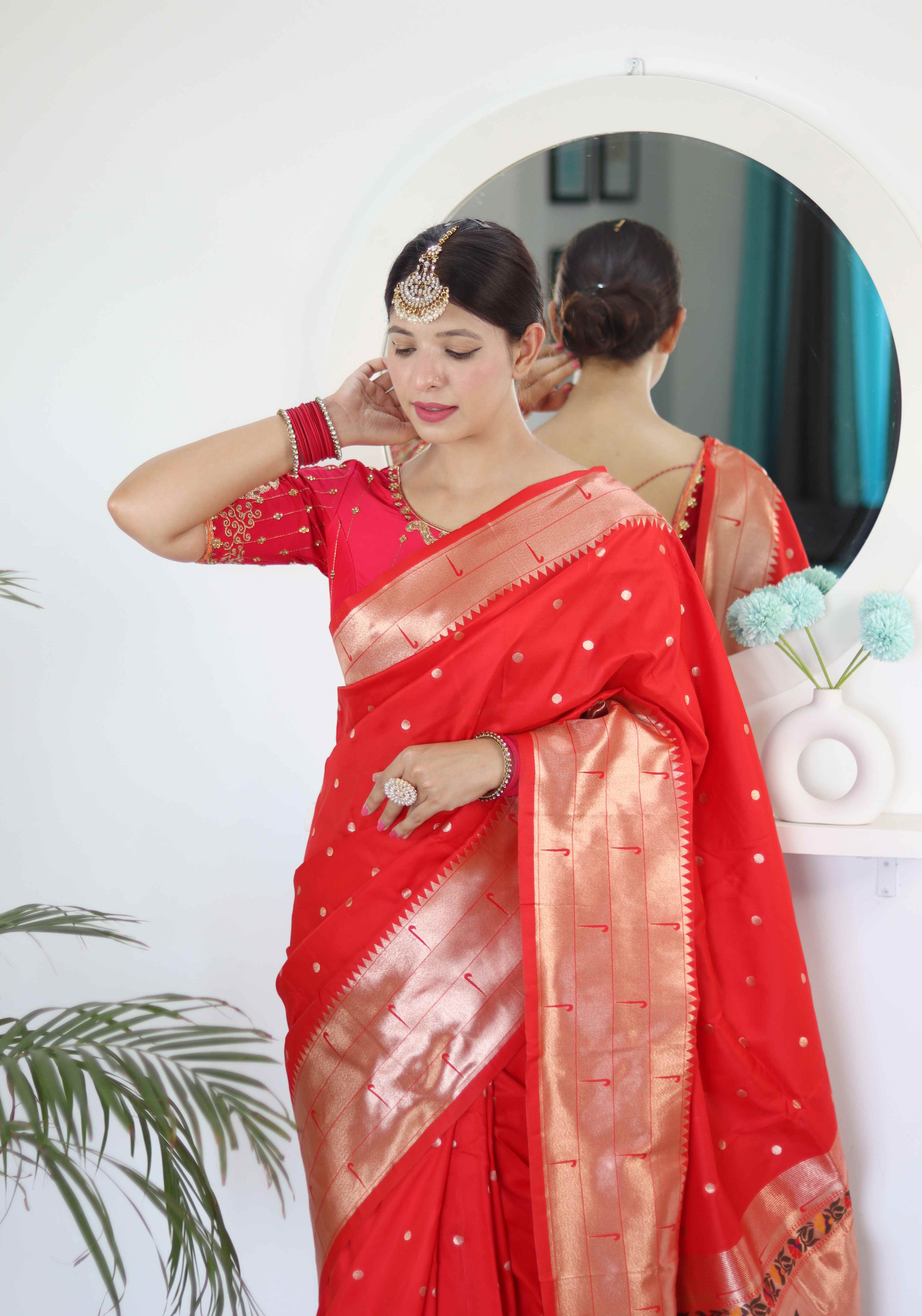Red Soft Paithani Silk Saree with Zari Motifs, Meenakari Rich Pallu & Contrast Blouse