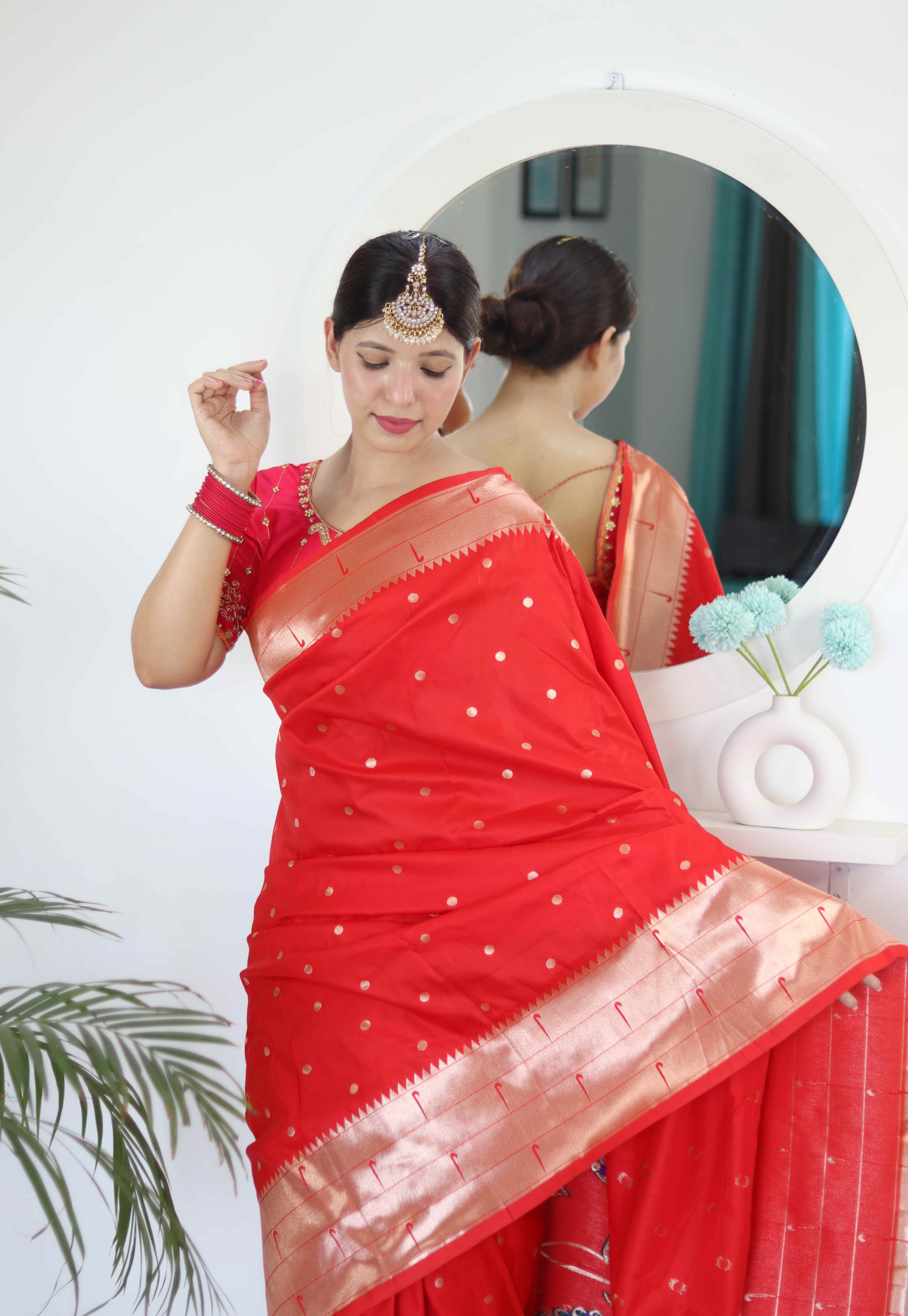 Red Soft Paithani Silk Saree with Zari Motifs, Meenakari Rich Pallu & Contrast Blouse