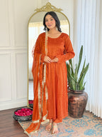 Women's Orange Muslin Plain Kurta Set with Chinnon Lace Border Dupatta