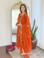 Women's Orange Muslin Plain Kurta Set with Chinnon Lace Border Dupatta