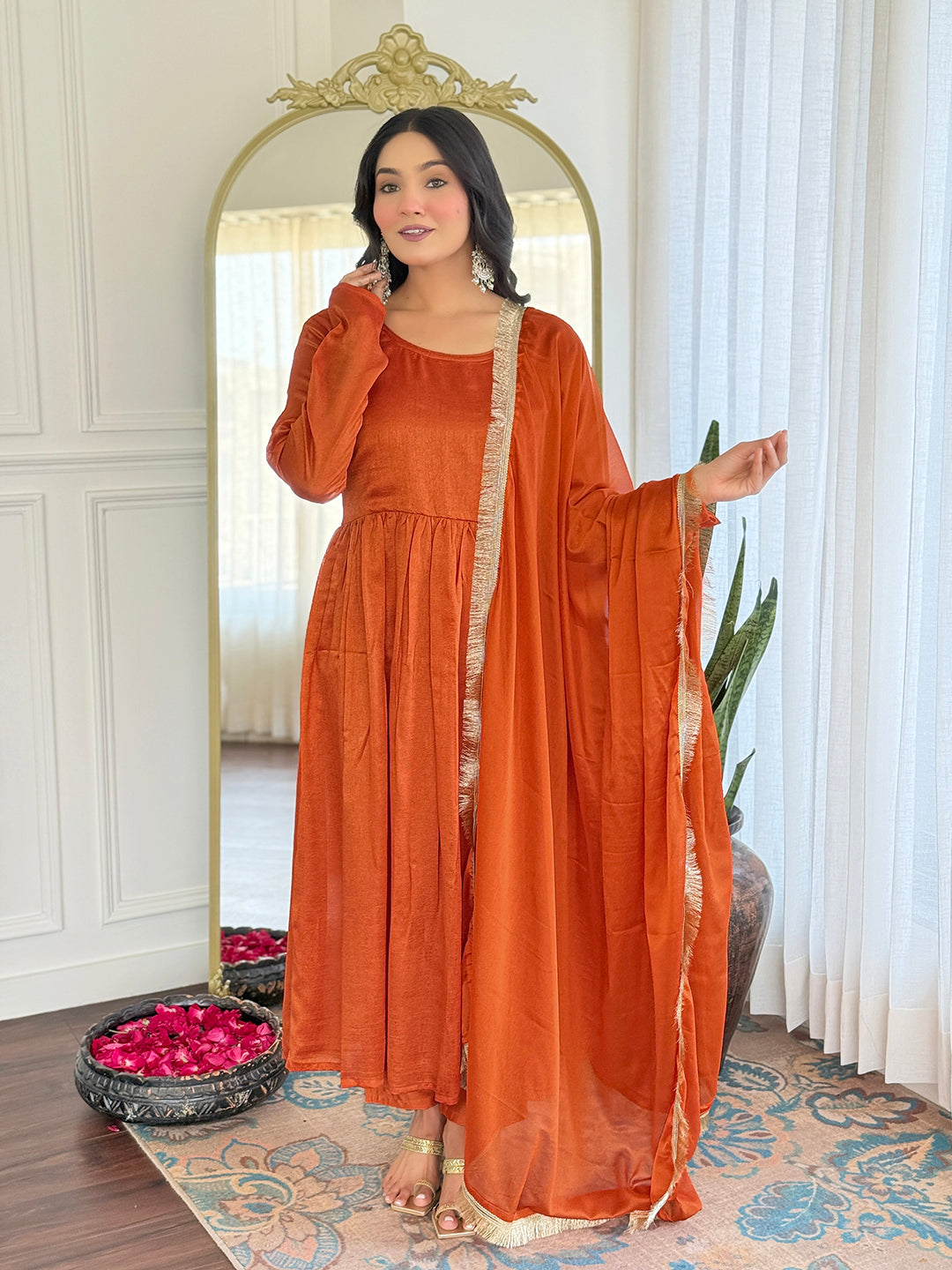 Women's Orange Muslin Plain Kurta Set with Chinnon Lace Border Dupatta