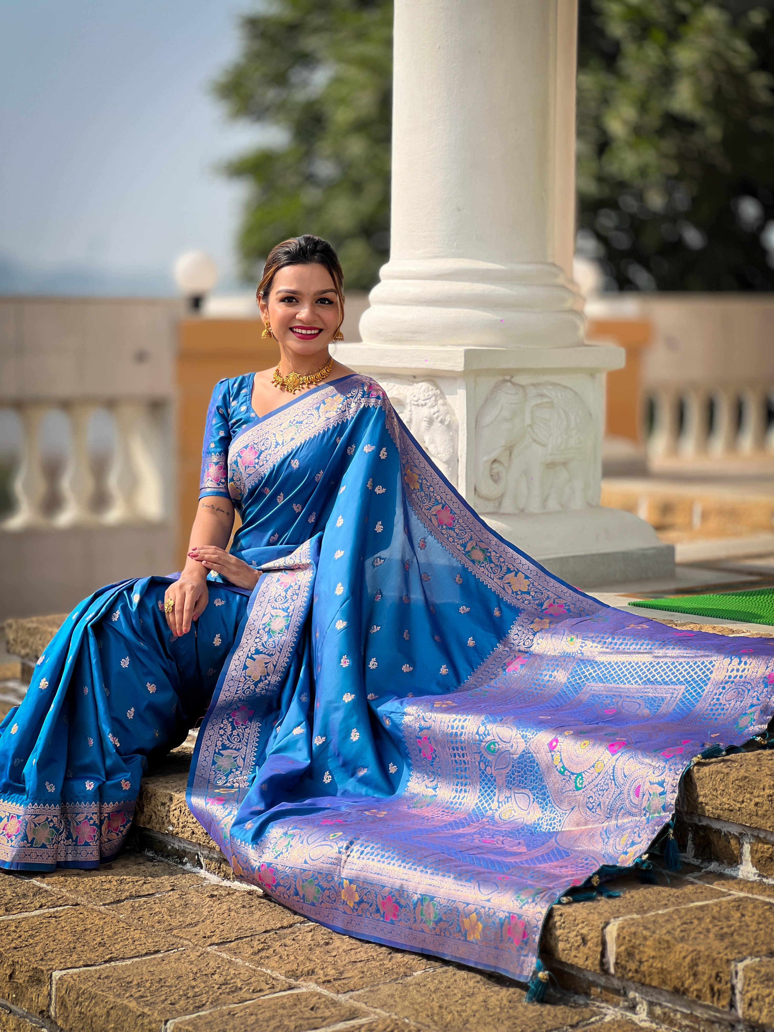 Sky Blue Varni Fabrics Women Paisley Banarasi Silk Embellished Saree comes With Matching Blouse