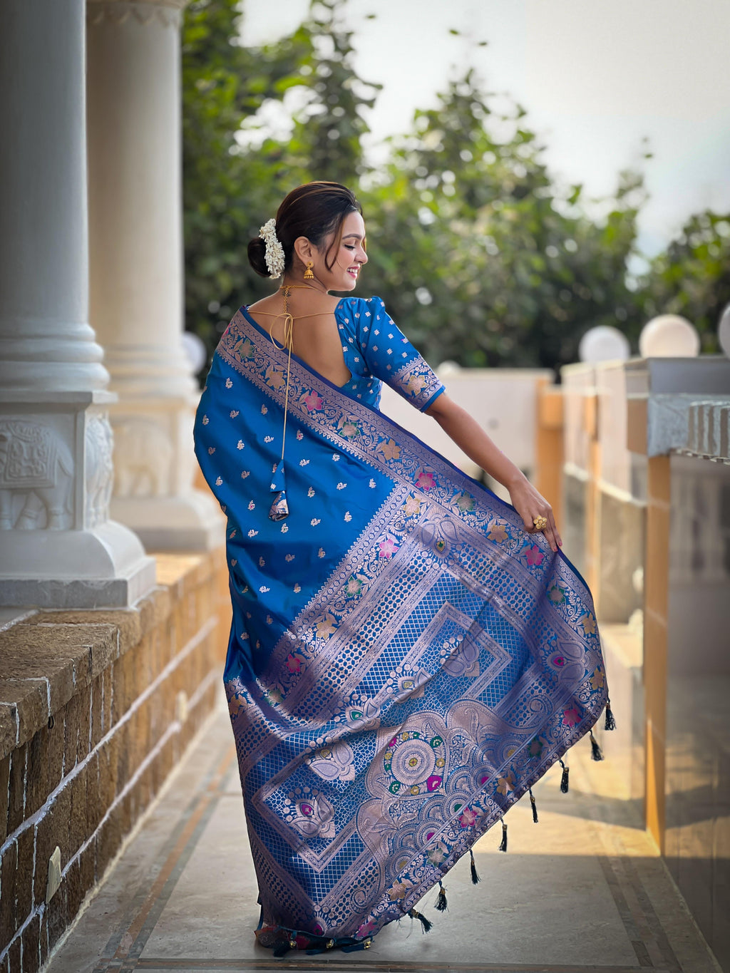 Sky Blue Varni Fabrics Women Paisley Banarasi Silk Embellished Saree comes With Matching Blouse