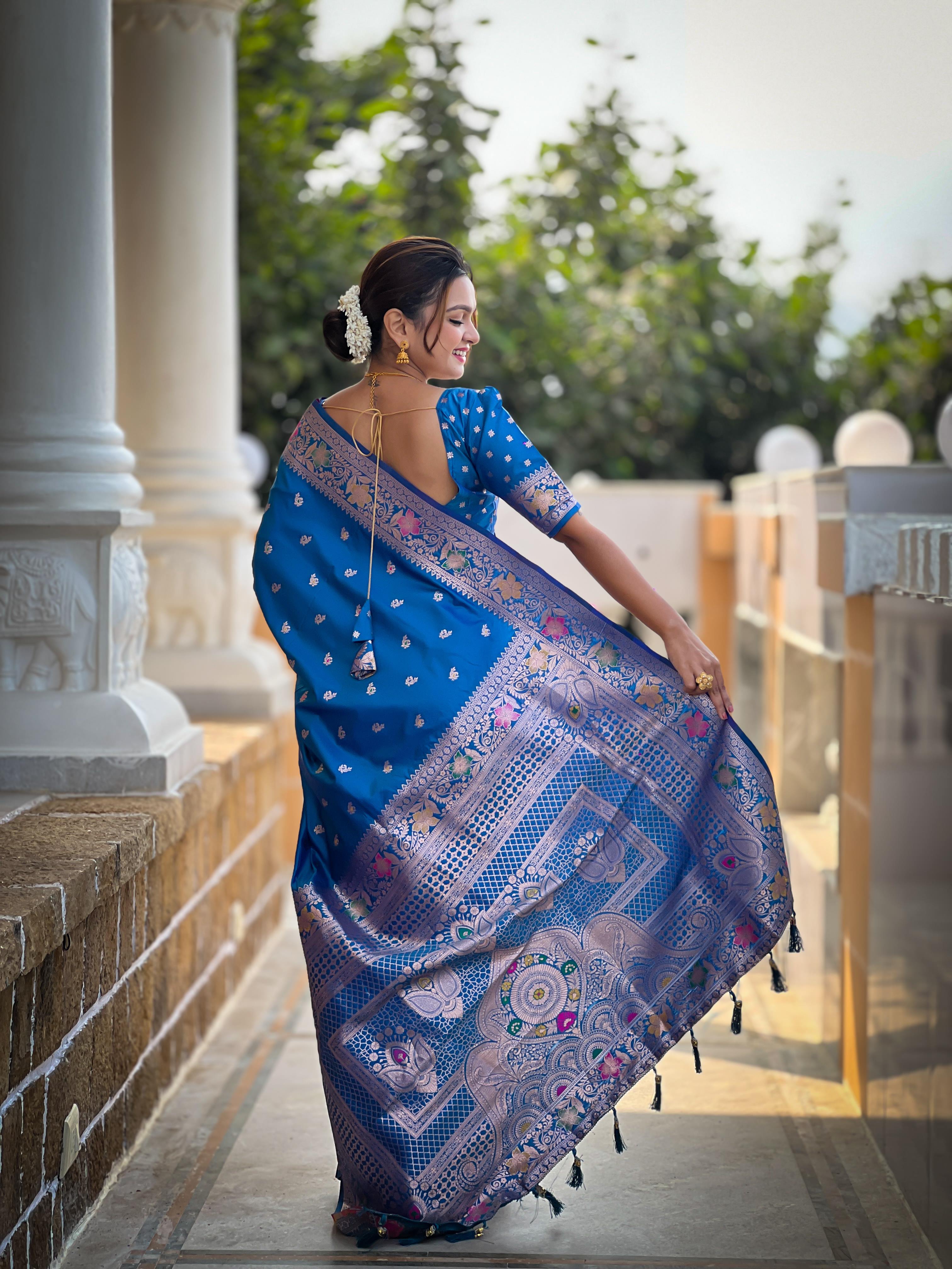 Sky Blue Varni Fabrics Women Paisley Banarasi Silk Embellished Saree comes With Matching Blouse