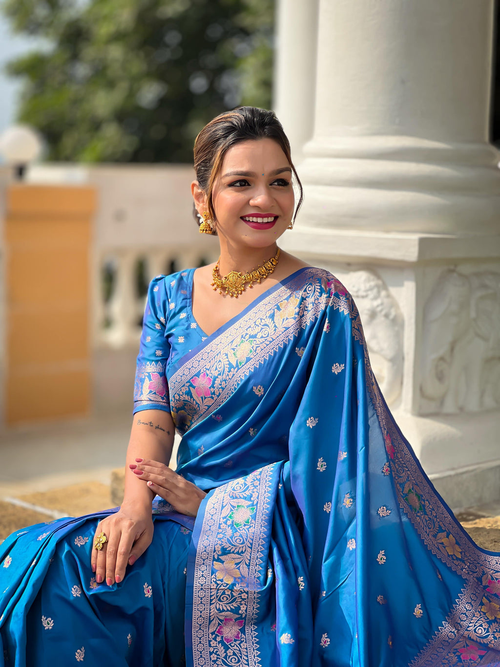 Sky Blue Varni Fabrics Women Paisley Banarasi Silk Embellished Saree comes With Matching Blouse