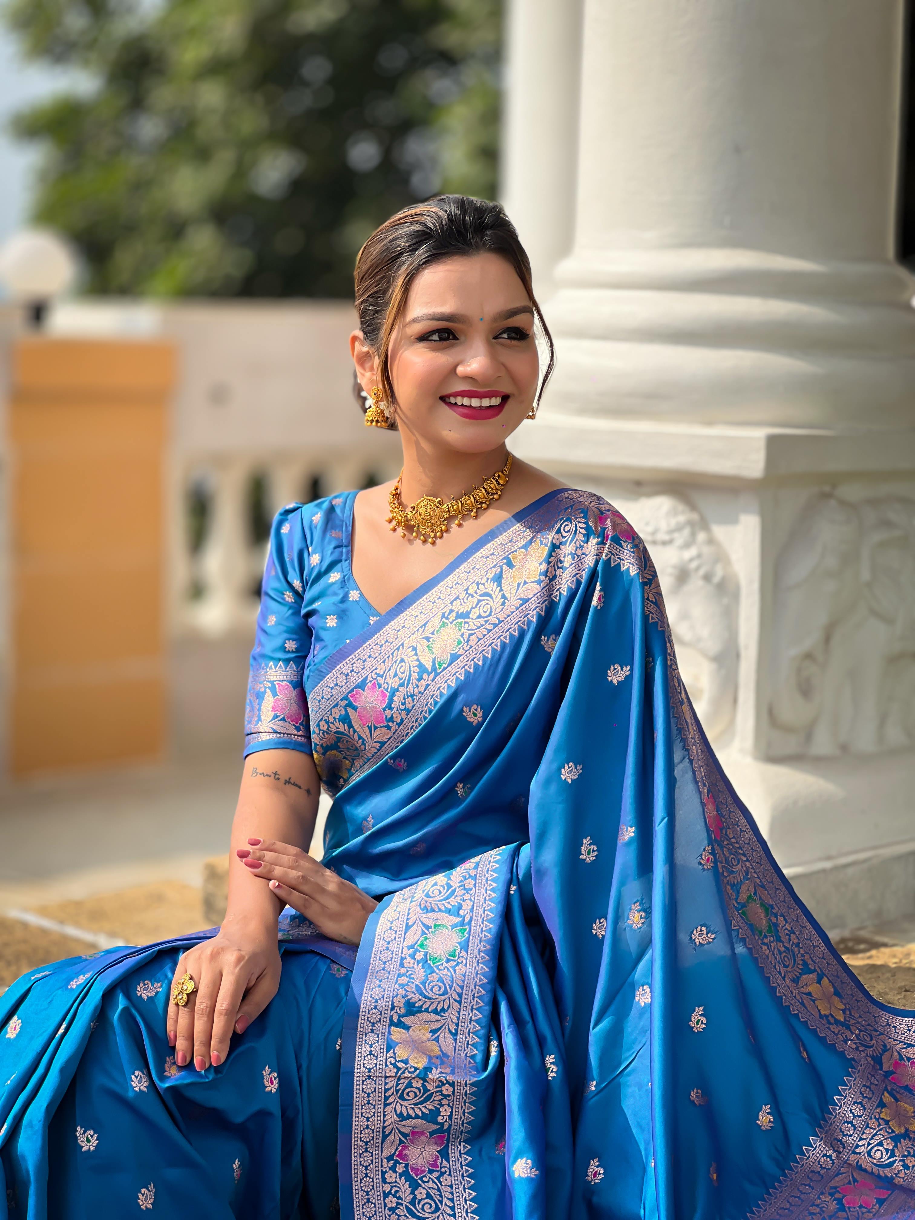 Sky Blue Varni Fabrics Women Paisley Banarasi Silk Embellished Saree comes With Matching Blouse