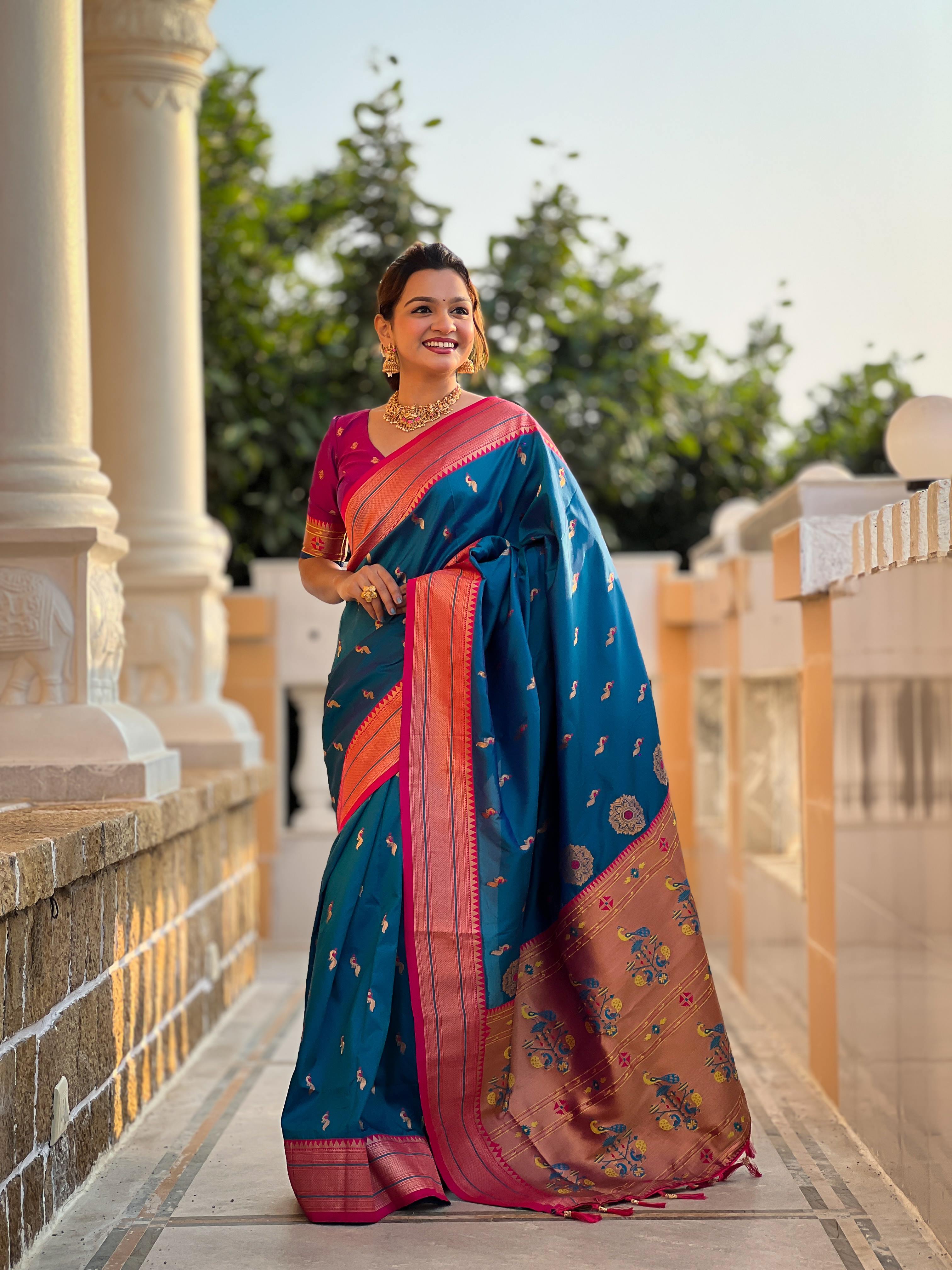 Sky Blue Traditional Paithani Silk Saree with Tassels & Latkans – Includes Matching Blouse