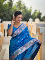 Sky Blue Varni Fabrics Women Paisley Banarasi Silk Embellished Saree comes With Matching Blouse