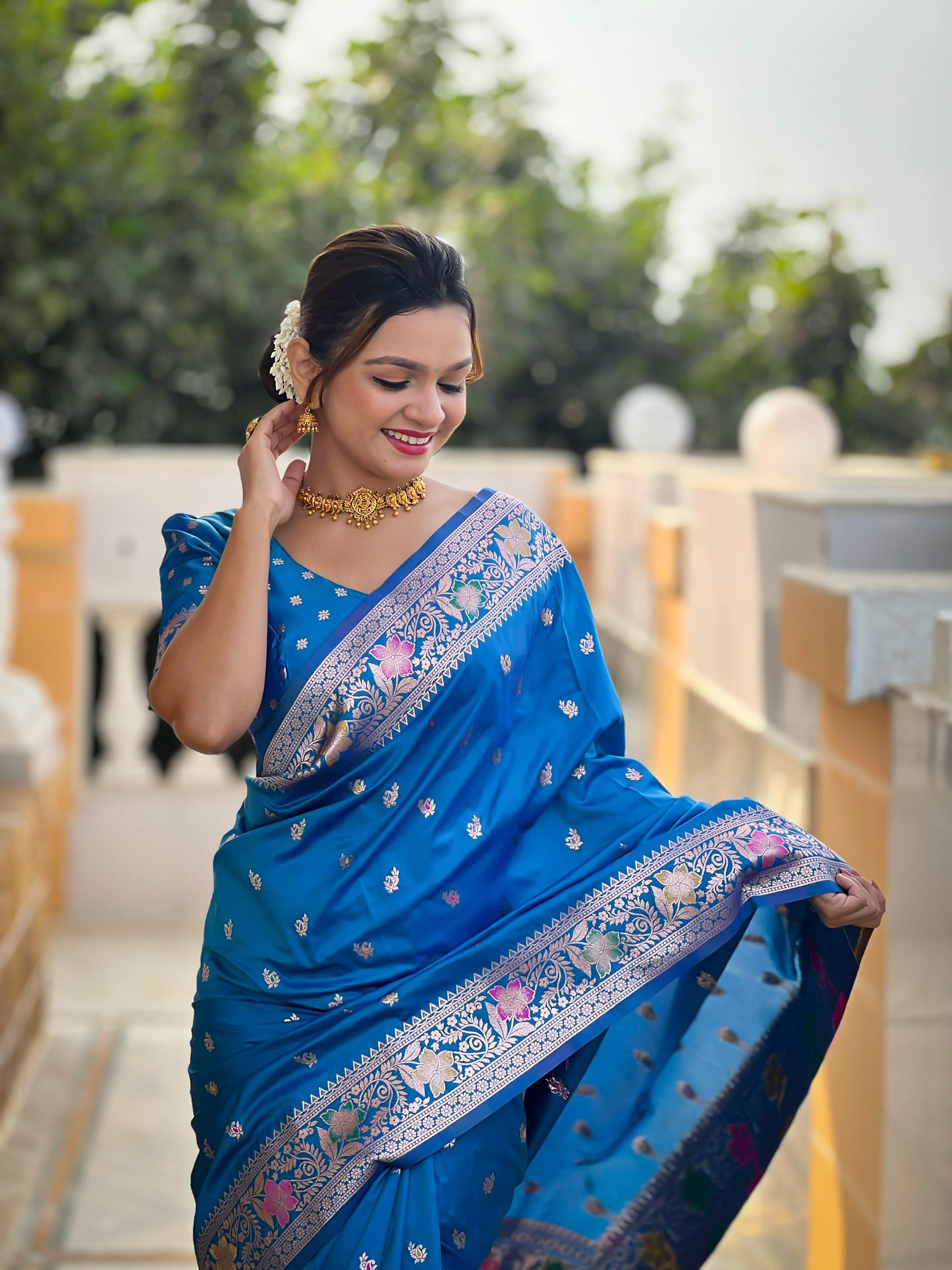 Sky Blue Varni Fabrics Women Paisley Banarasi Silk Embellished Saree comes With Matching Blouse