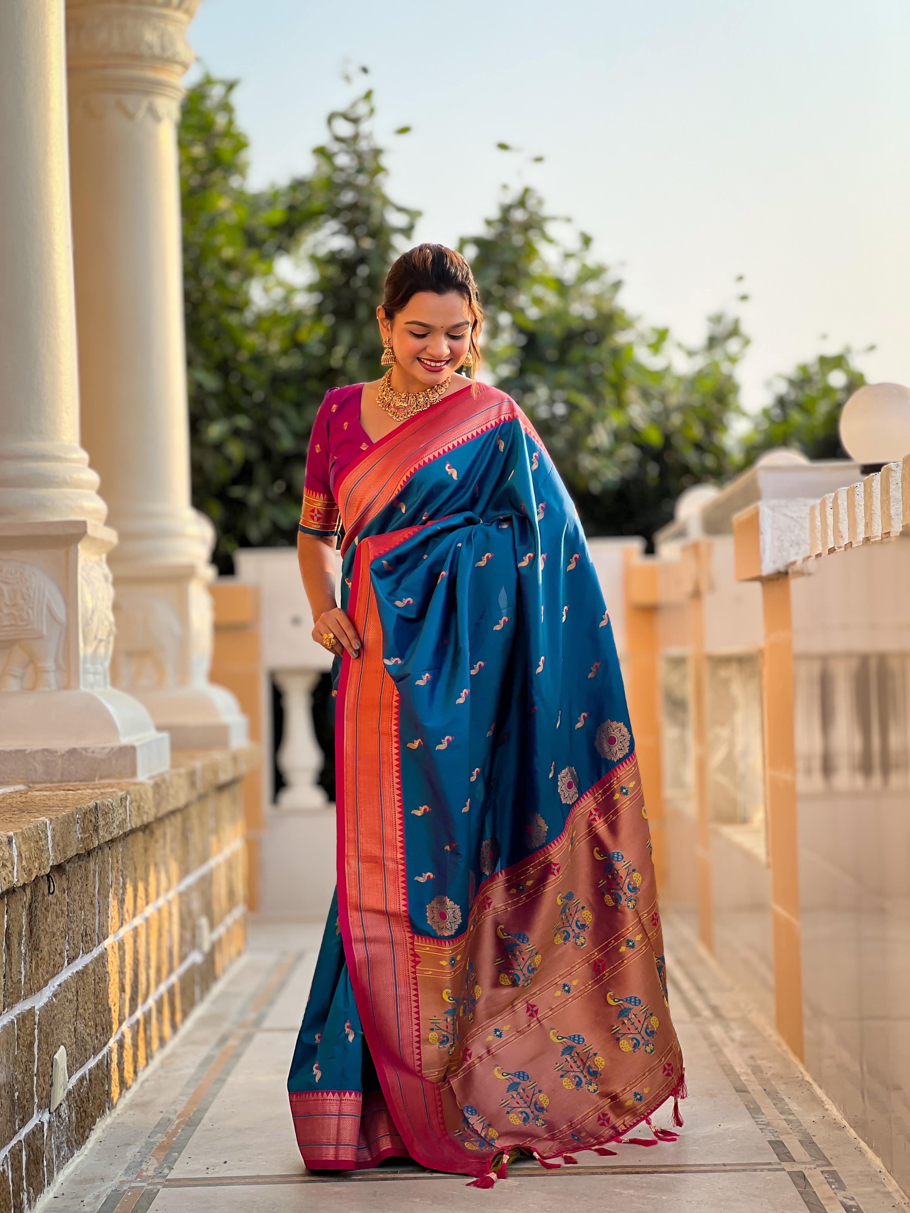 Sky Blue Traditional Paithani Silk Saree with Tassels & Latkans – Includes Matching Blouse
