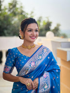 Sky Blue Varni Fabrics Women Paisley Banarasi Silk Embellished Saree comes With Matching Blouse