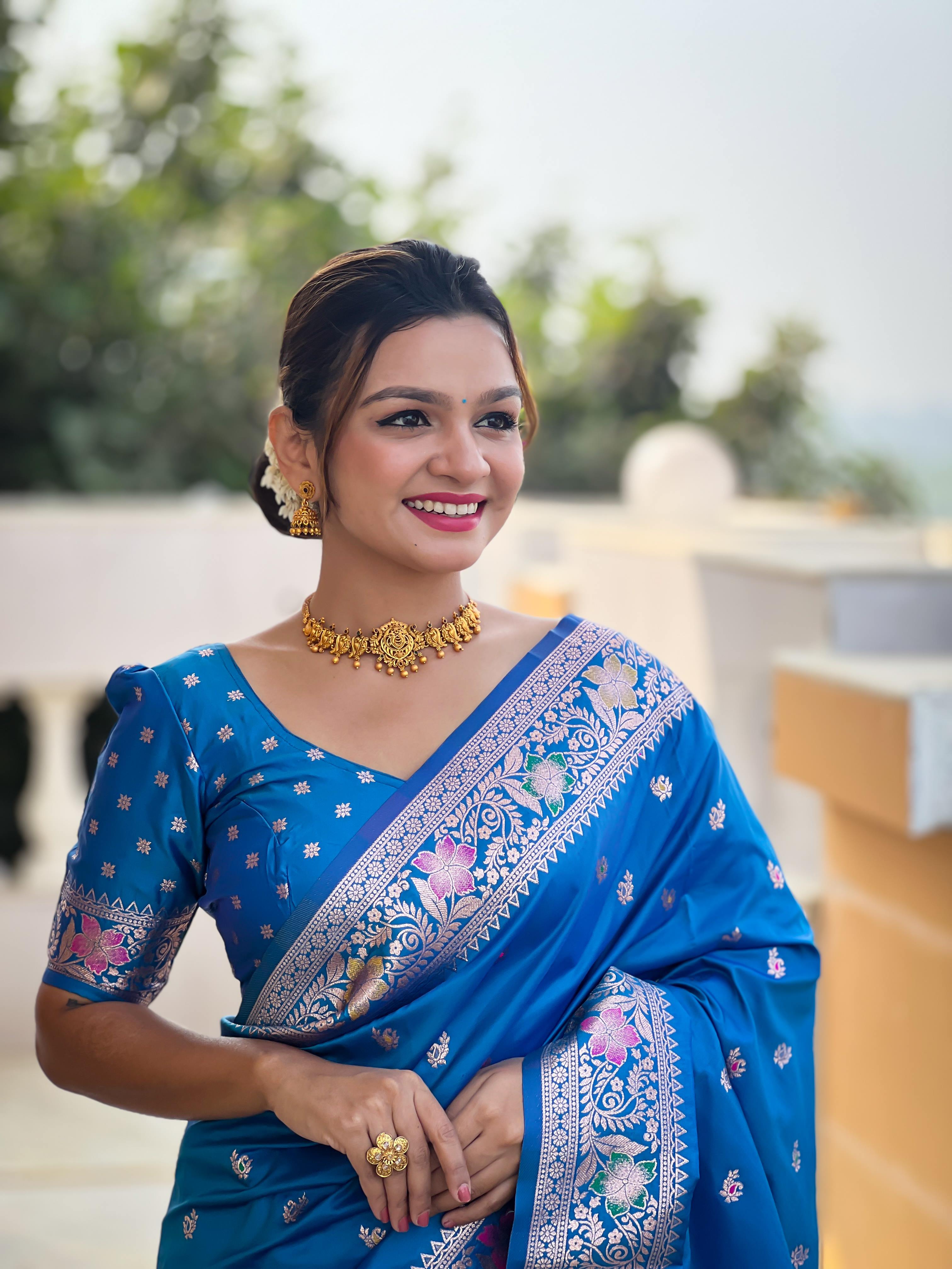 Sky Blue Varni Fabrics Women Paisley Banarasi Silk Embellished Saree comes With Matching Blouse