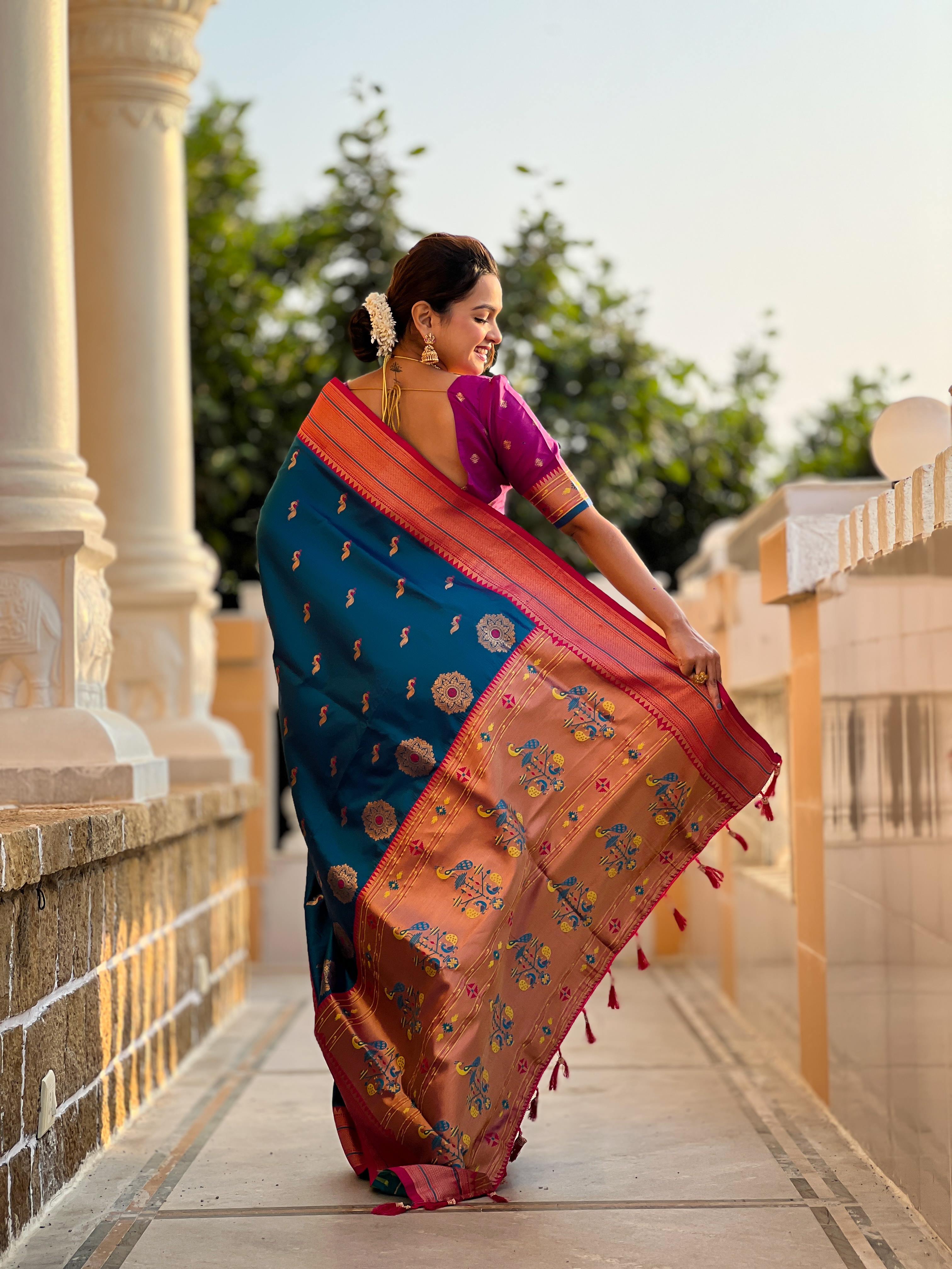 Sky Blue Traditional Paithani Silk Saree with Tassels & Latkans – Includes Matching Blouse