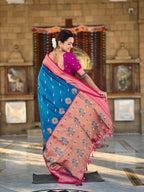 Sky Blue Traditional Paithani Silk Saree with Tassels & Latkans – Includes Matching Blouse