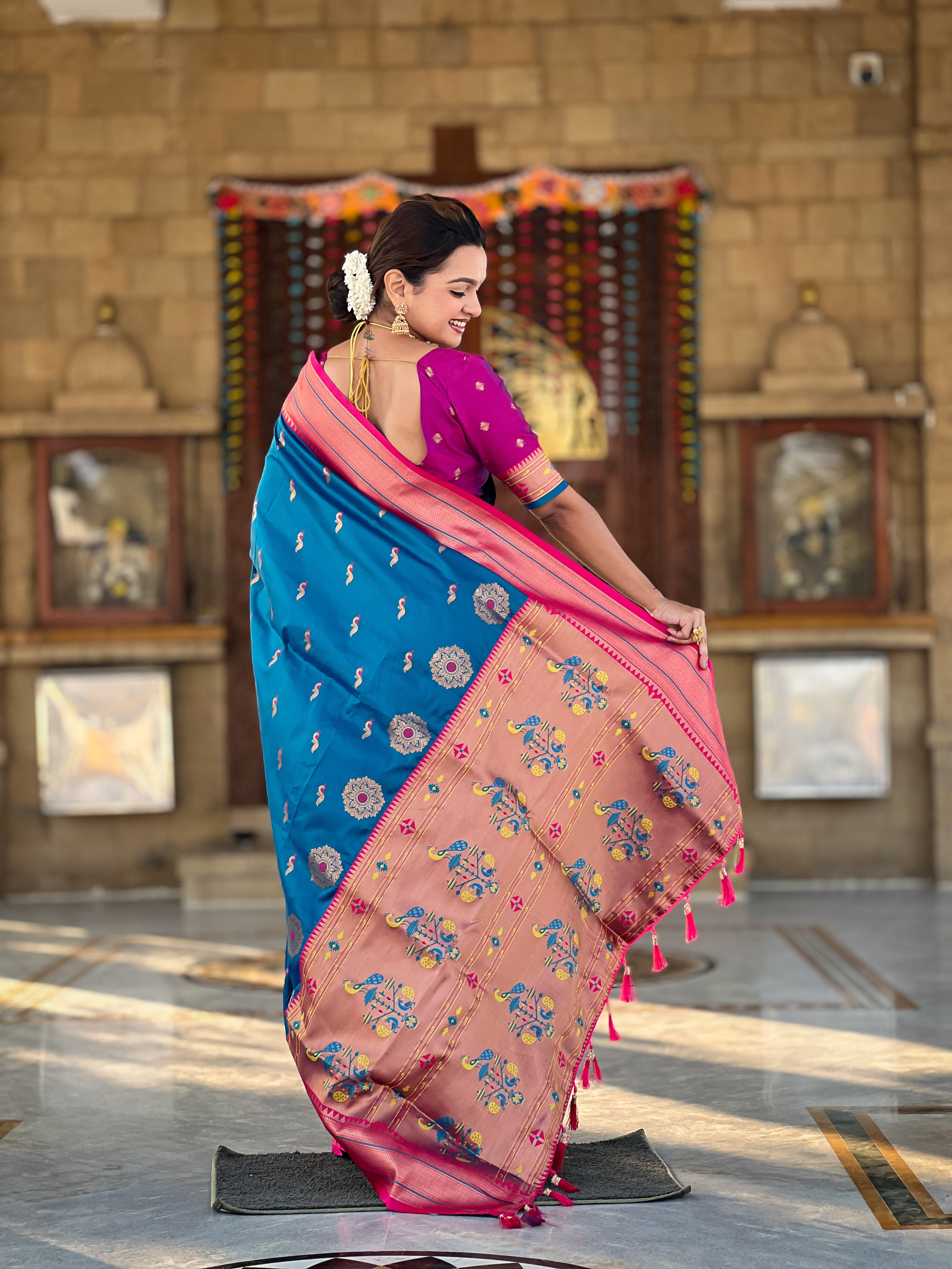 Sky Blue Traditional Paithani Silk Saree with Tassels & Latkans – Includes Matching Blouse