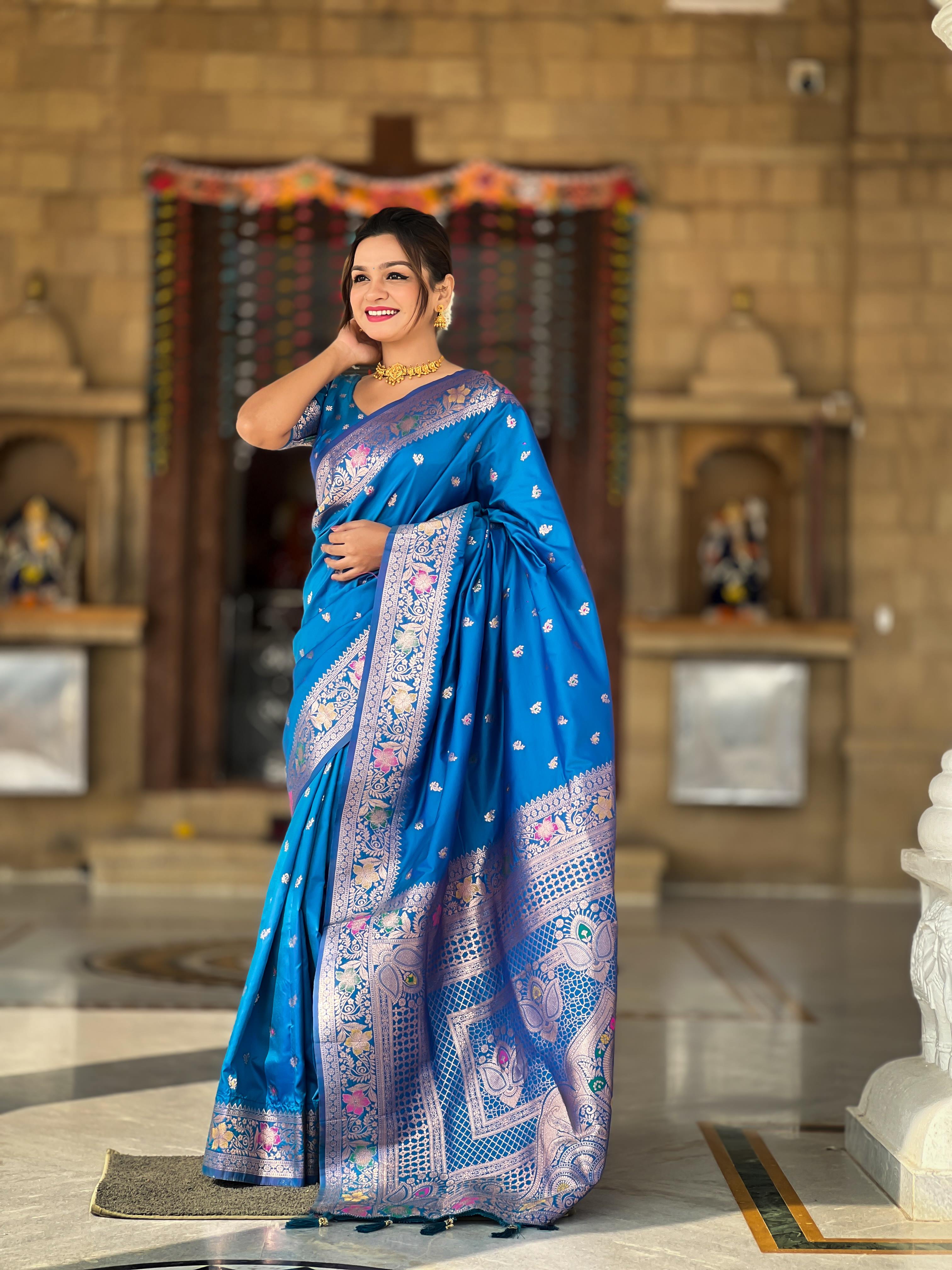 Sky Blue Varni Fabrics Women Paisley Banarasi Silk Embellished Saree comes With Matching Blouse