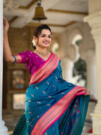 Sky Blue Traditional Paithani Silk Saree with Tassels & Latkans – Includes Matching Blouse