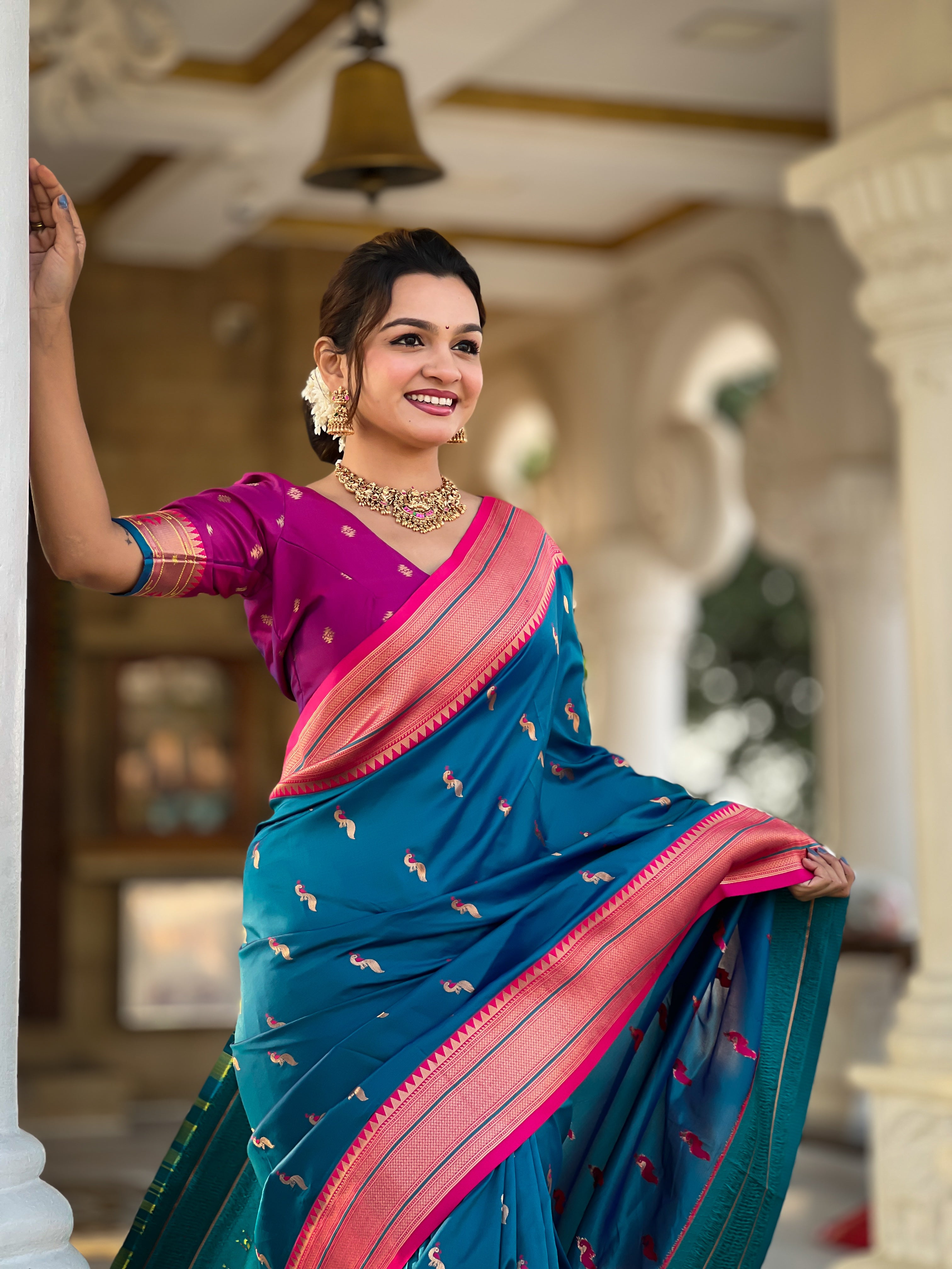 Sky Blue Traditional Paithani Silk Saree with Tassels & Latkans – Includes Matching Blouse