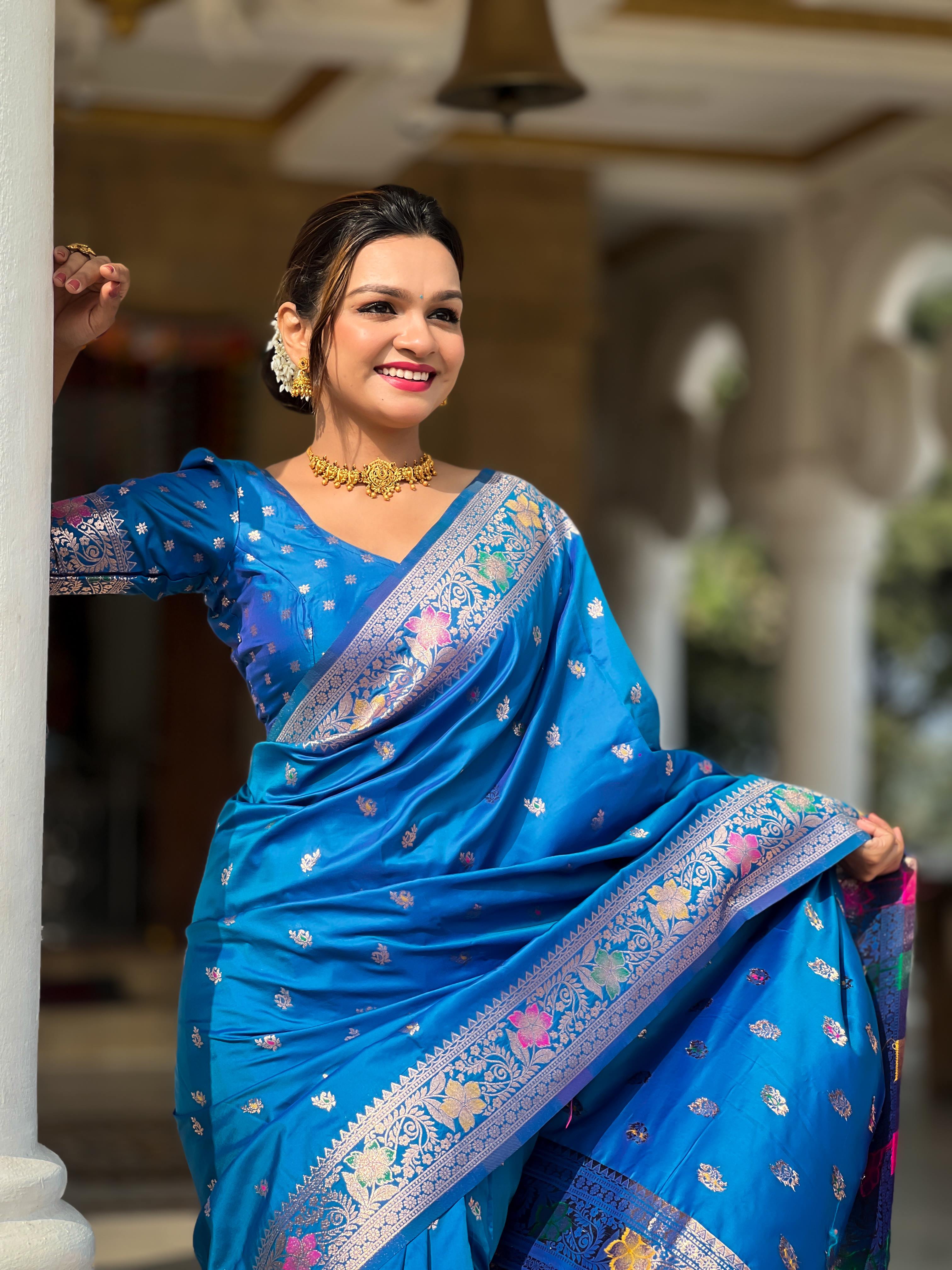 Sky Blue Varni Fabrics Women Paisley Banarasi Silk Embellished Saree comes With Matching Blouse