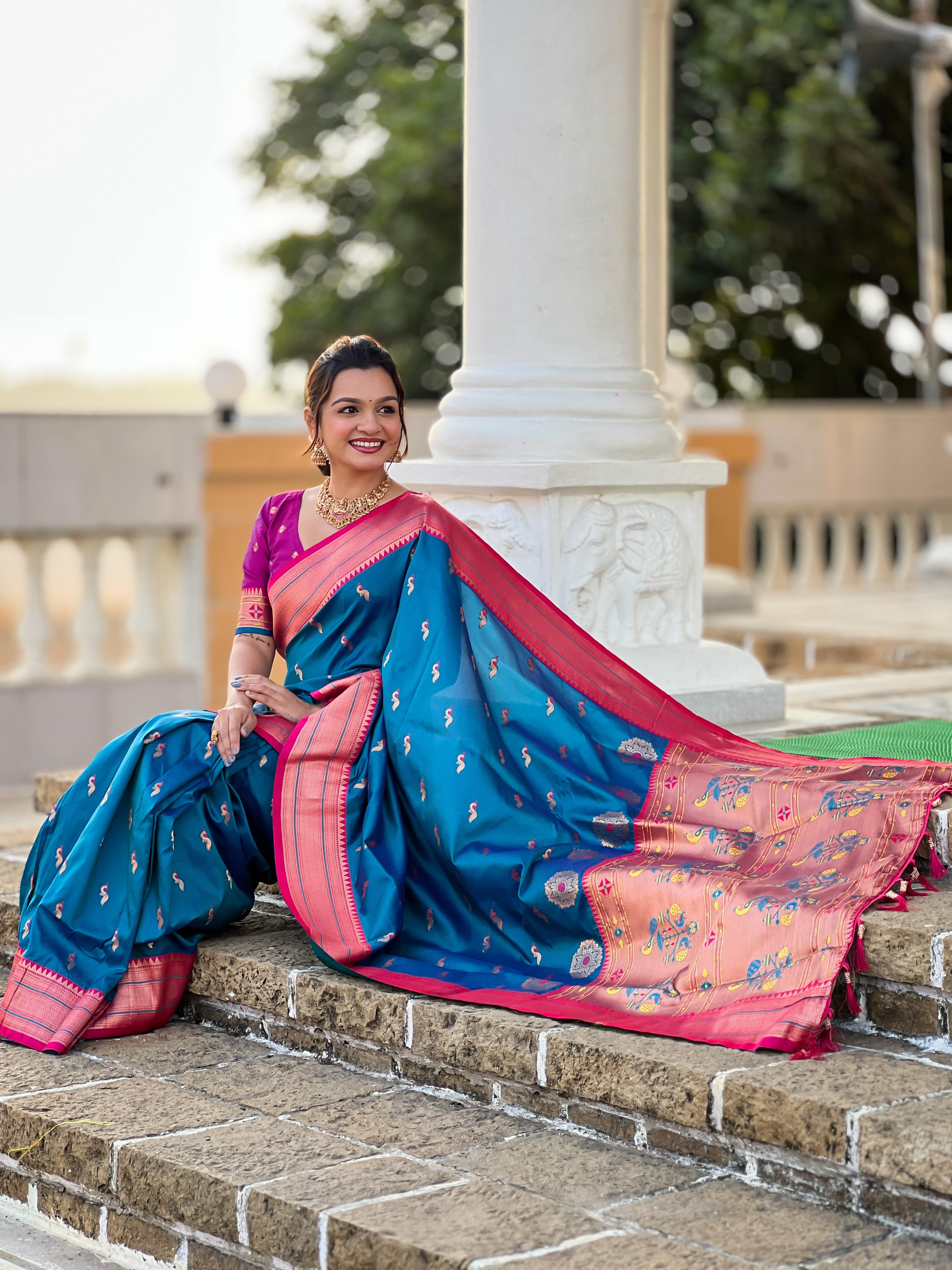 Sky Blue Traditional Paithani Silk Saree with Tassels & Latkans – Includes Matching Blouse